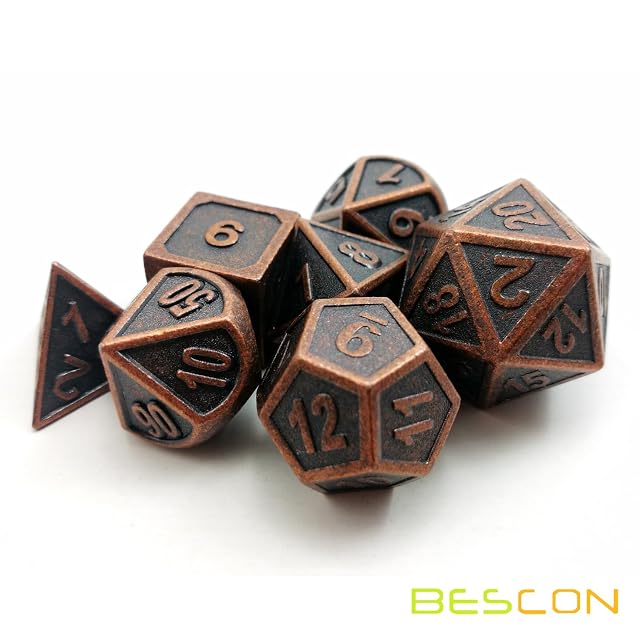 Foto 5 de 5 de Bescon Juego de 7 dados poliédricos de cobre antiguo de metal sólido, juego de rol metálico