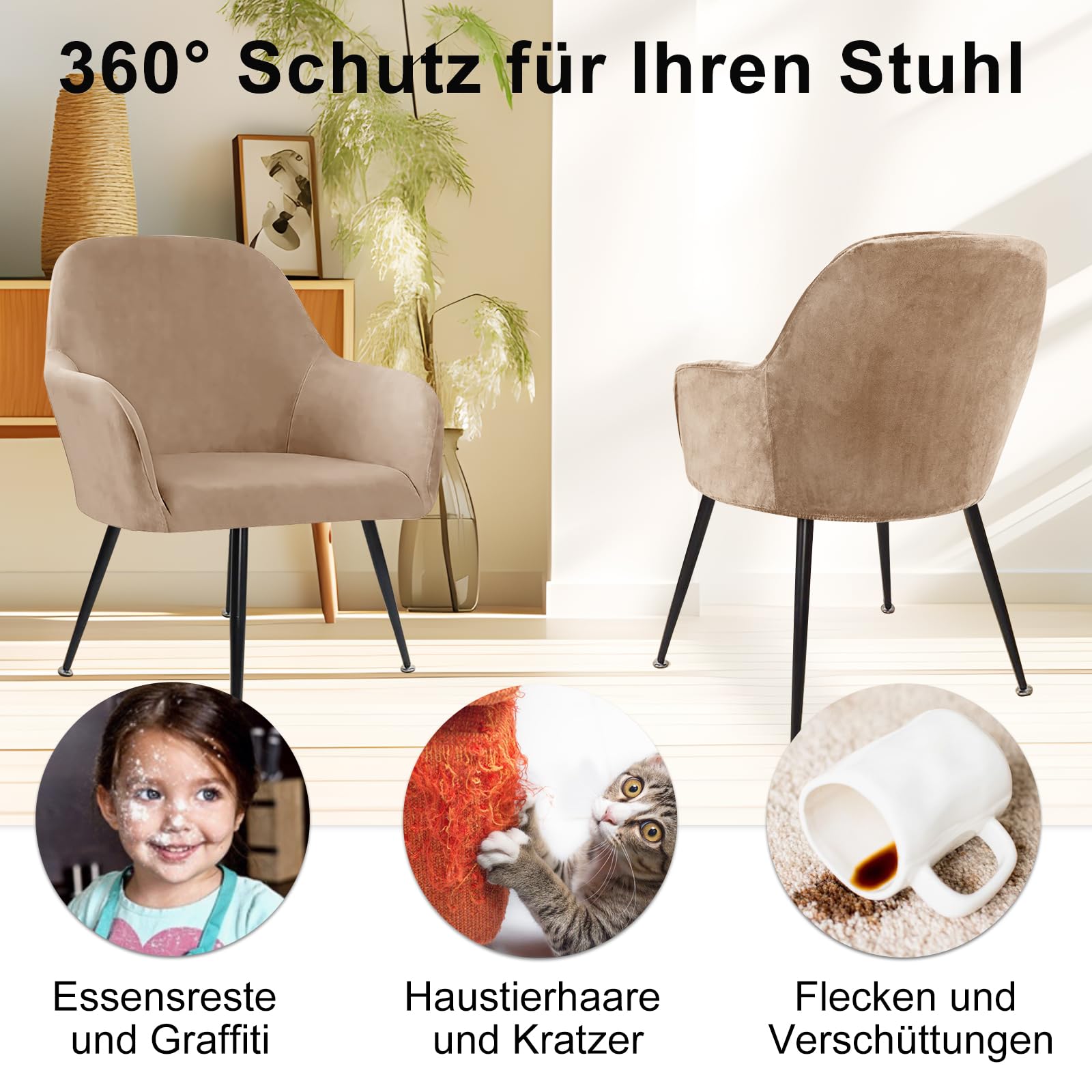 Alishomtll Stretch Samt Stuhlhussen 4er Set Universal Sesselbezug Stuhlbezug mit Armlehnen Abnehmbare Waschbar Esszimmerstühle Bezug für Küche Esszimmer Bankett Hochzeit Party (Kamel, 4 Stück)