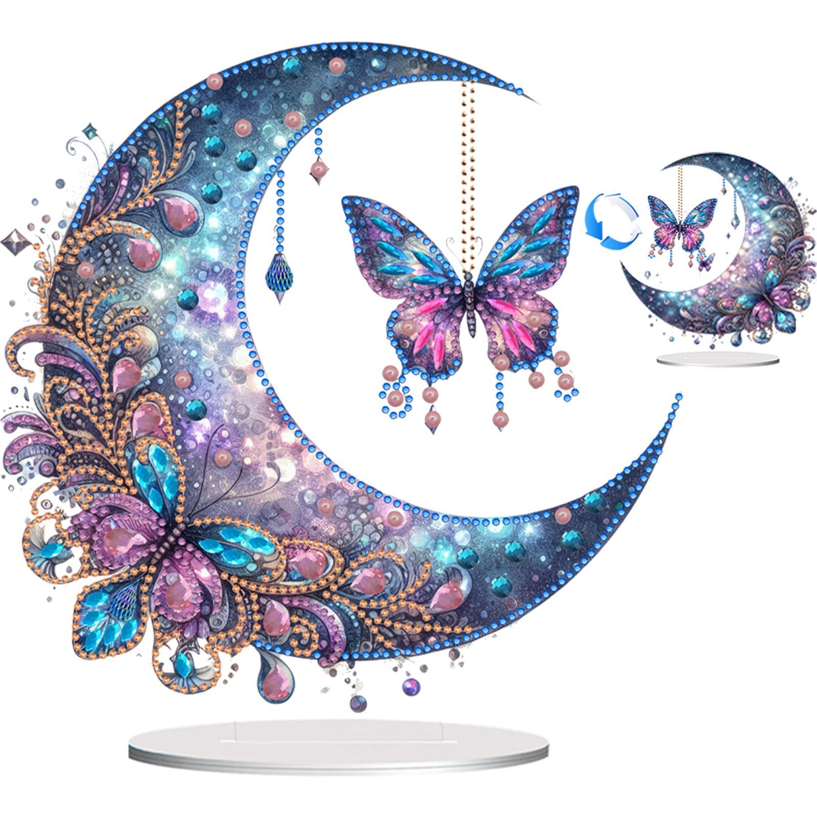 Kobona Kj0198 Acrylic Special Shape Moon Butterfly Diamond Painting Tabletop Ornaments Kit Table Top Diamond Painting Ornament Kits For Home Office Decor (Kj0198)