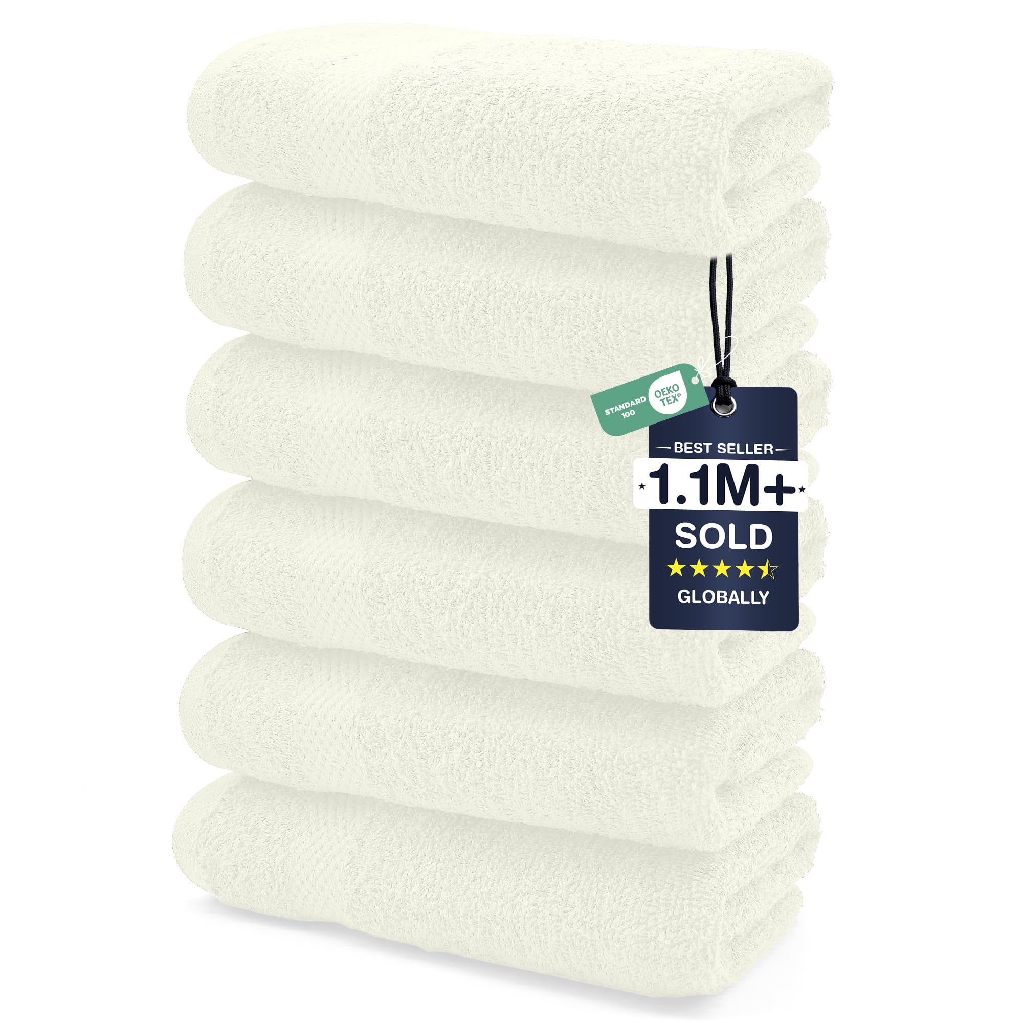 DAN RIVER 6-Pack Premium Hand Towels (16x28 Inches) - 100% Cotton, Ultra Soft, Lightweight, Highly Absorbent Towels for Bathroom, Spa, Gym, Salon, Hotel, and Travel - Ivory