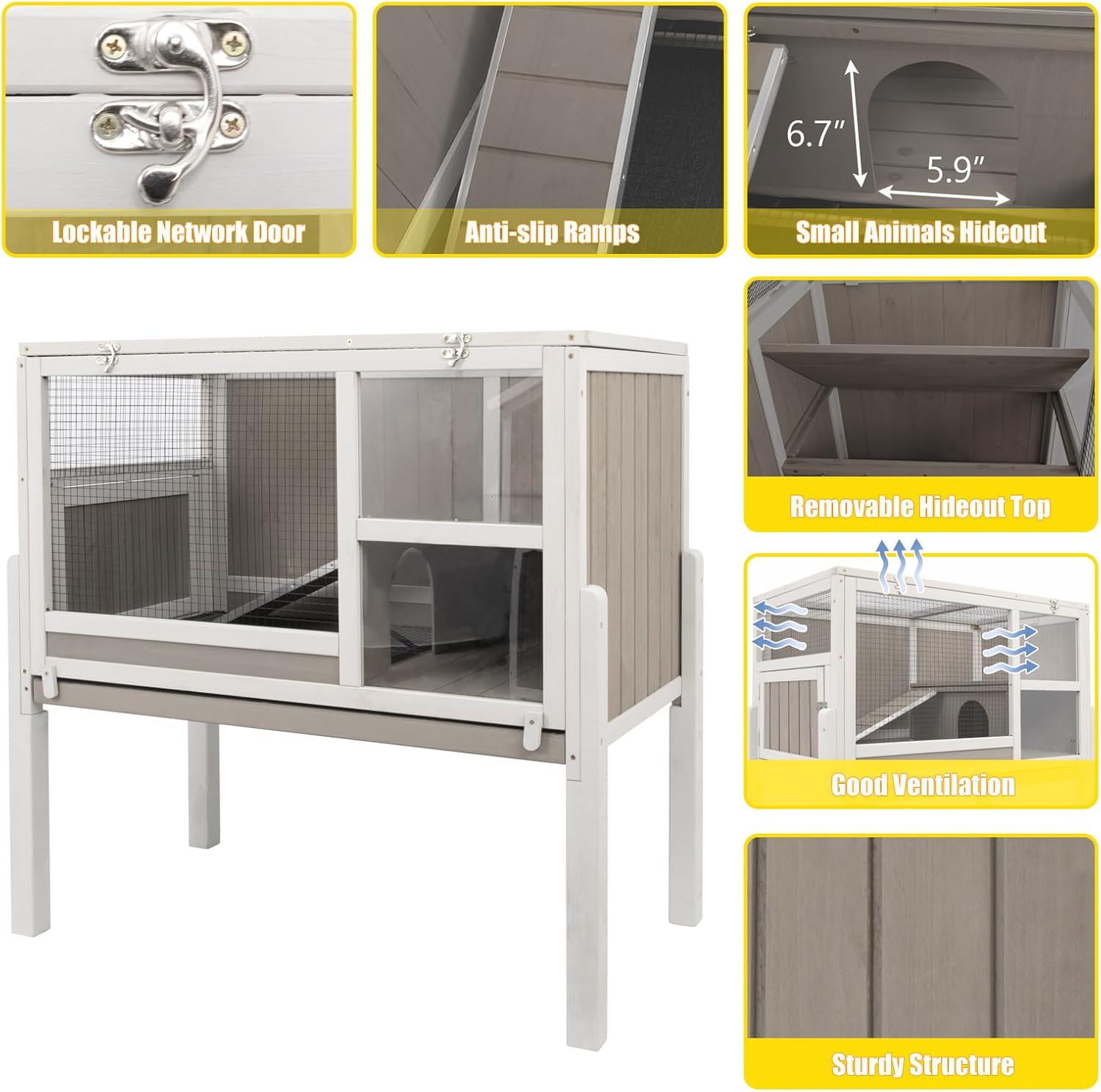 PetsCosset Guinea Pig Cages with Stand, Wooden Rabbit Cage Indoor, Guinea Pig House with Ramp and Hideout, Small Animals Cage with Not Leakage Pull Out Tray, Grey