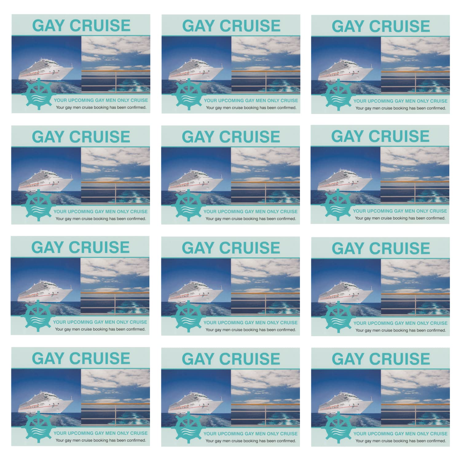 Crazy Novelty Guy (12-Pack) Bulk Prank Postcards - Gay Cruise Booking Confirmation - Pranks Practical Jokes Gags Revenge Hate Mail - Send Them To Your
