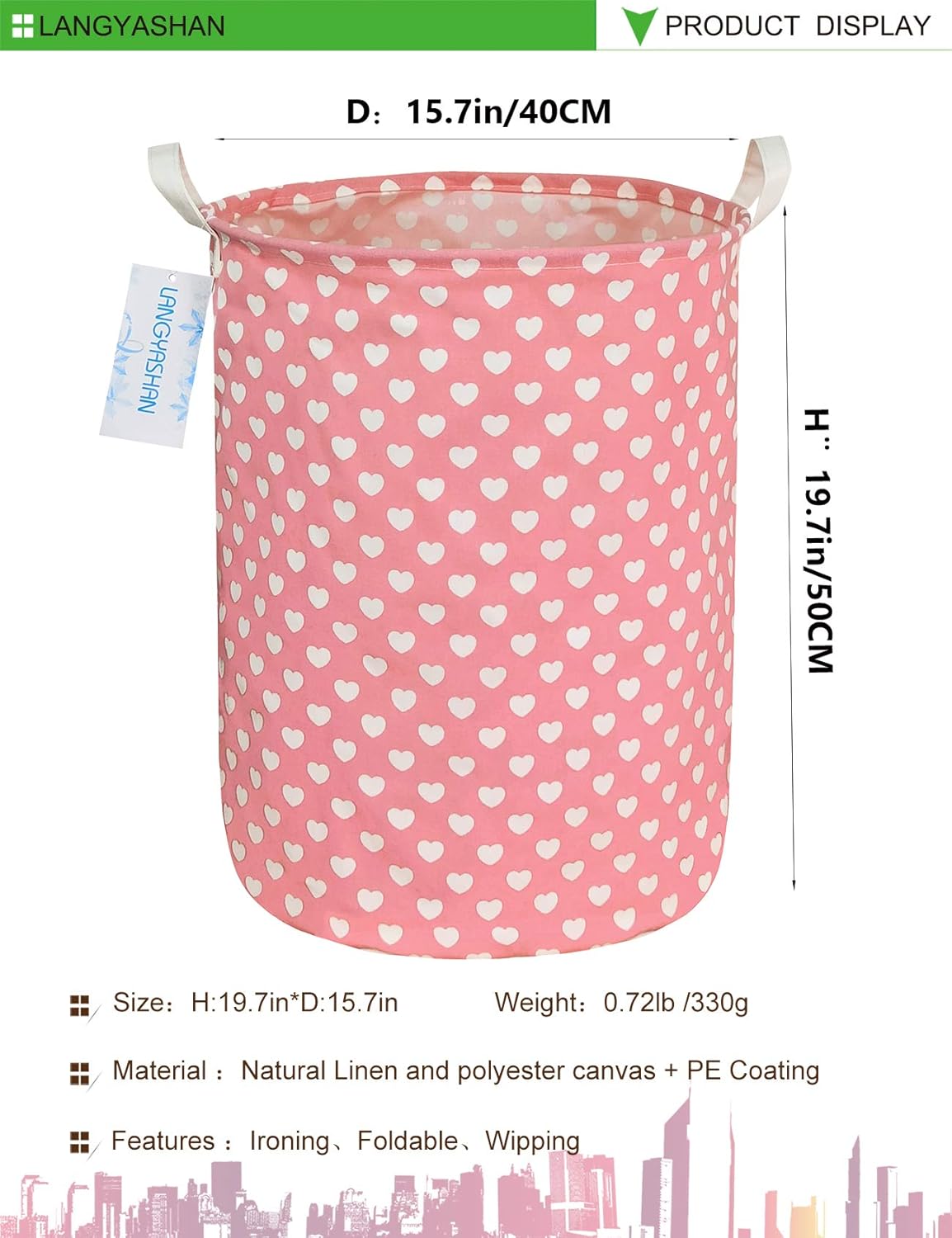 LANGYASHAN Laundry Basket Canvas Fabric Collapsible Organizer Basket for Storage Bin Toy Bins Gift Baskets Bedroom Clothes Children Nursery Hamper (pink heart)