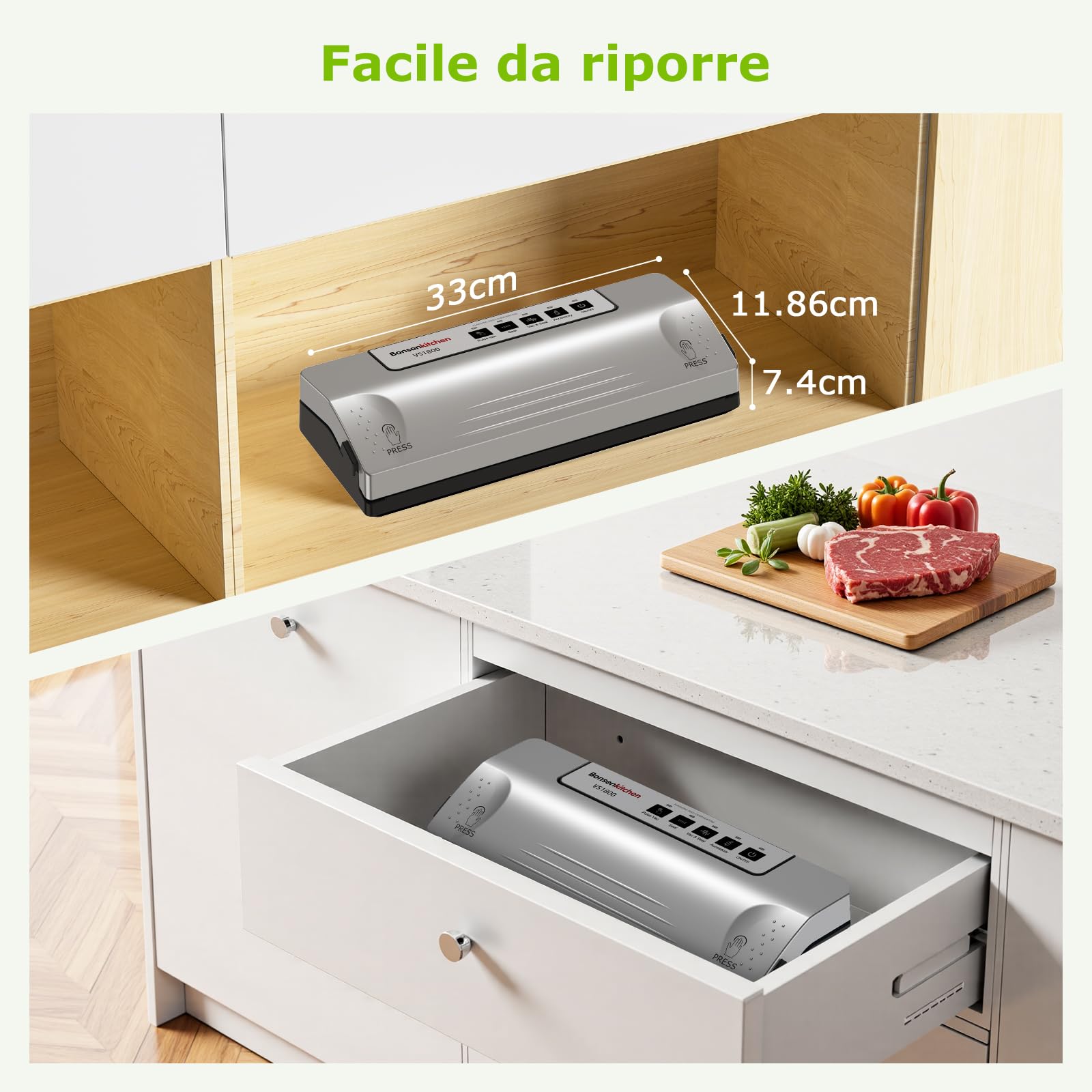 Bonsenkitchen Macchina Sottovuoto, Saldatura Robusta 30 cm, Funzione Pulse per Cibi Umidi, Kit Aspirazione Esterna, Uso Continuo con Protezione Termica, con 5 Sacchetti, VS1800