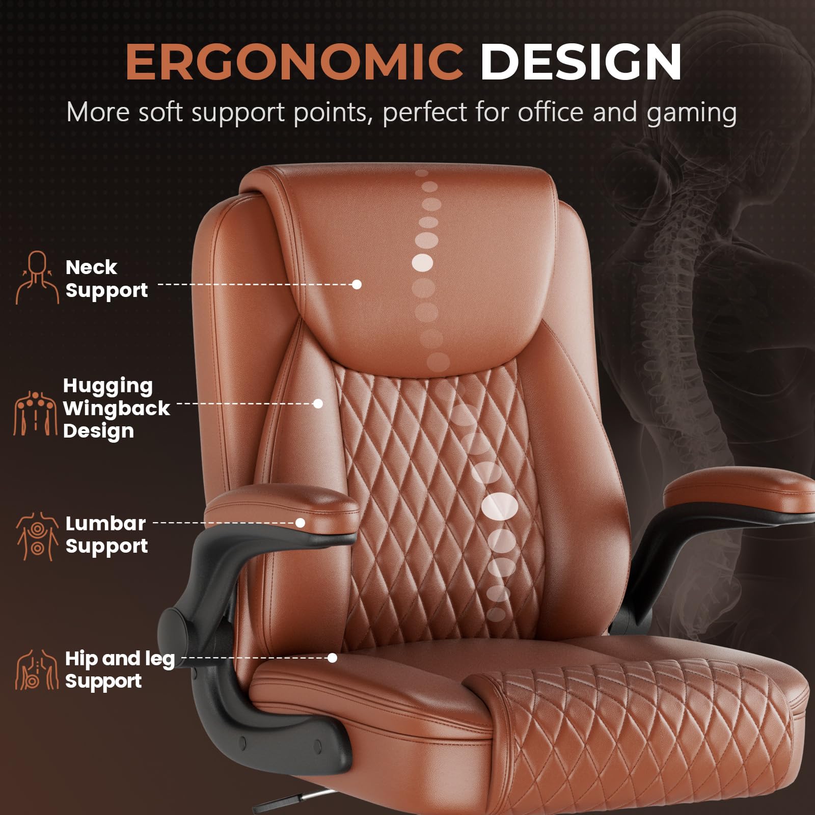 GTPLAYER Sedia da ufficio ergonomica, sedia da scrivania con schienale alto, braccioli pieghevoli, regolabile in altezza, in pelle PU, seduta extra larga, per ufficio e casa, marrone