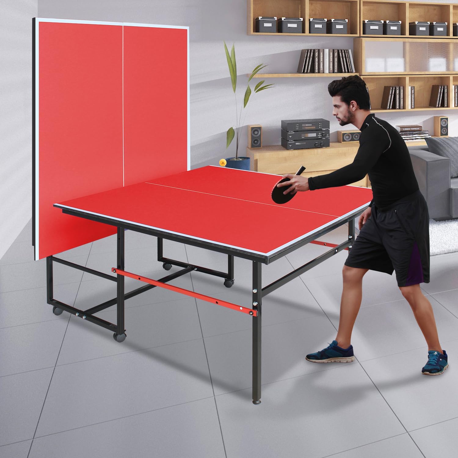 Ping Pong Table Foldable Indoor 8FT Single Player Playback Mode Game Set with Paddles and Balls