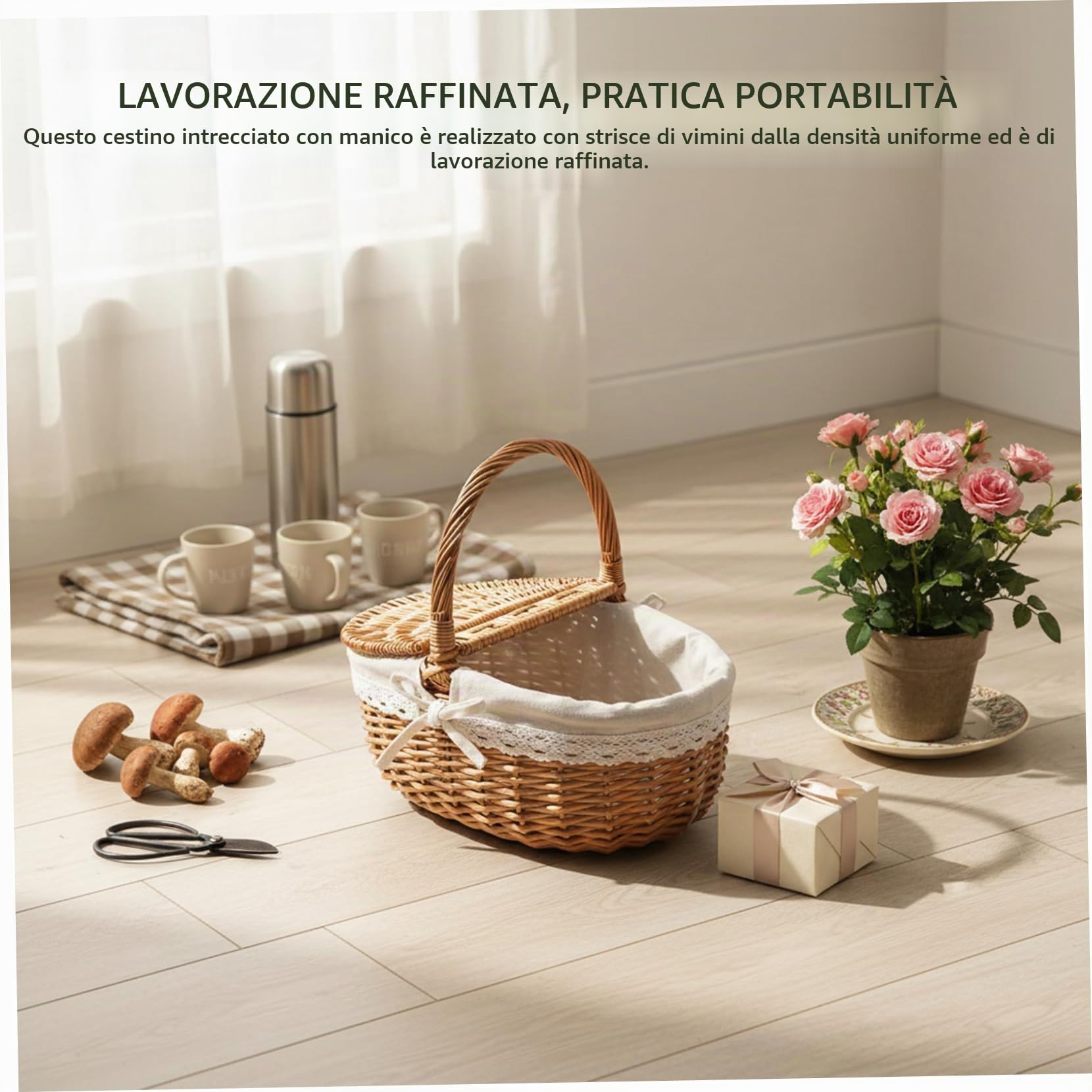 Cestino da picnic in vimini vintage, cestini da picnic intrecciati con coperchio e manici per, campeggio, shopping, deposito domestico/medio