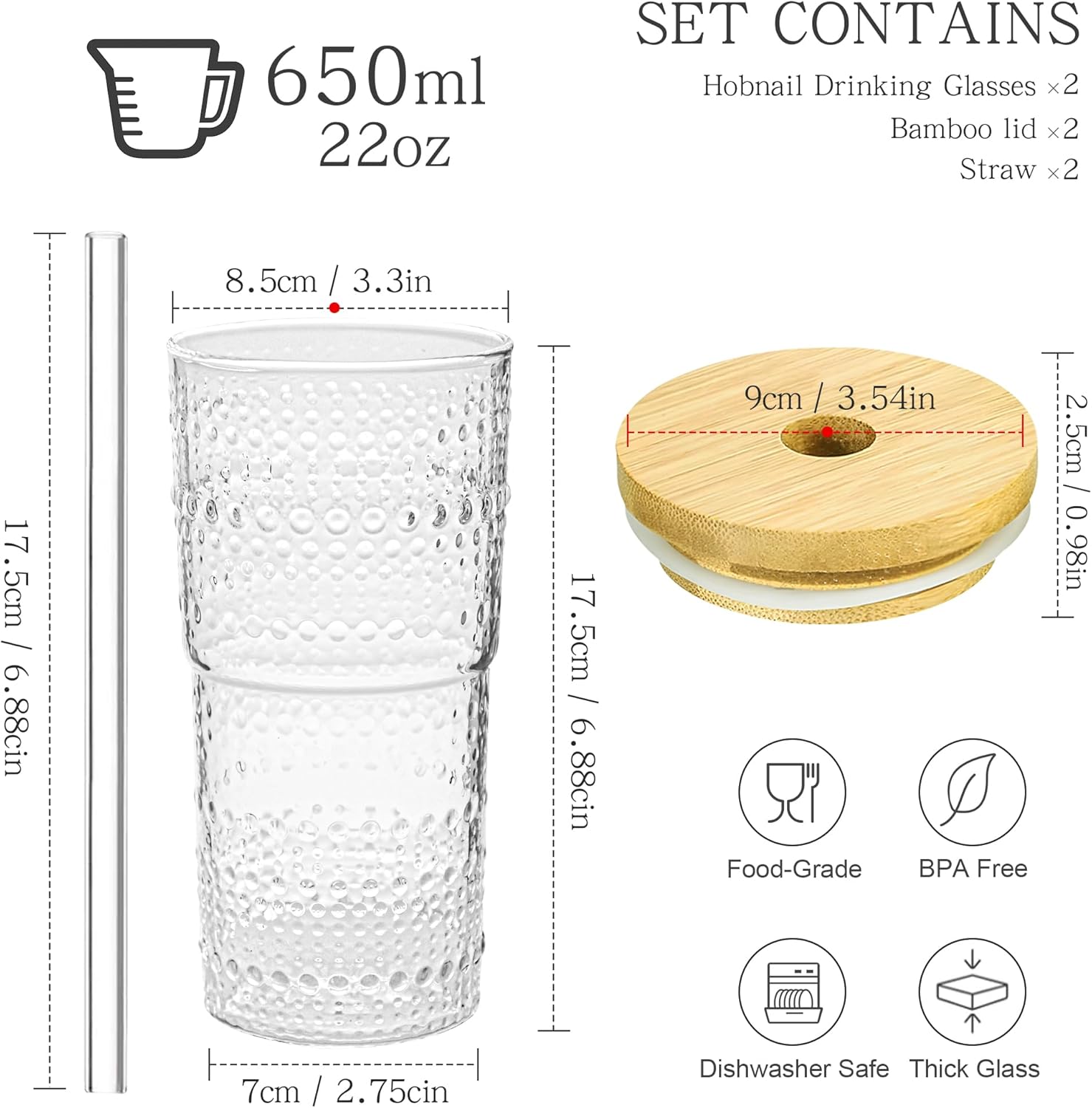 2 Pack 20oz Hobnail Drinking Glasses with Bamboo Lids and Glass Straw,High Borosilicate Glass Tumbler Cup Reusable Wide Mouth Smoothie Cups,Beer, Iced Coffee Glasses, Soda - Image 2