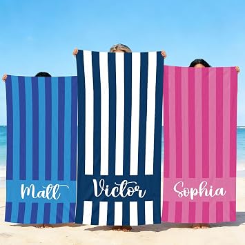 Personalised Beach Towel with Name, Custom Cabana Stripe Beach Towel, Customised Microfibre Pool Towel, Quick Dry & Absorbent Swimming Towel for Adult, Birthday, Summer Holiday, Vacation