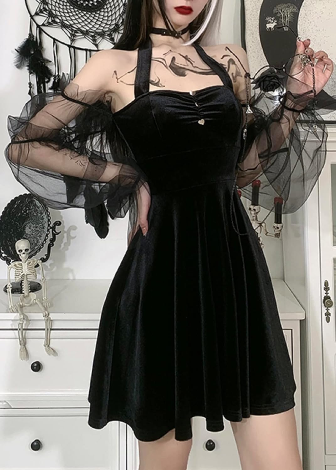 TSMNZMU Womens Gothic Velvet Mini Dresses - Off The Shoulder Patchwork Lace Long Sleeve Dress - Emo & Alt Style - Image 3