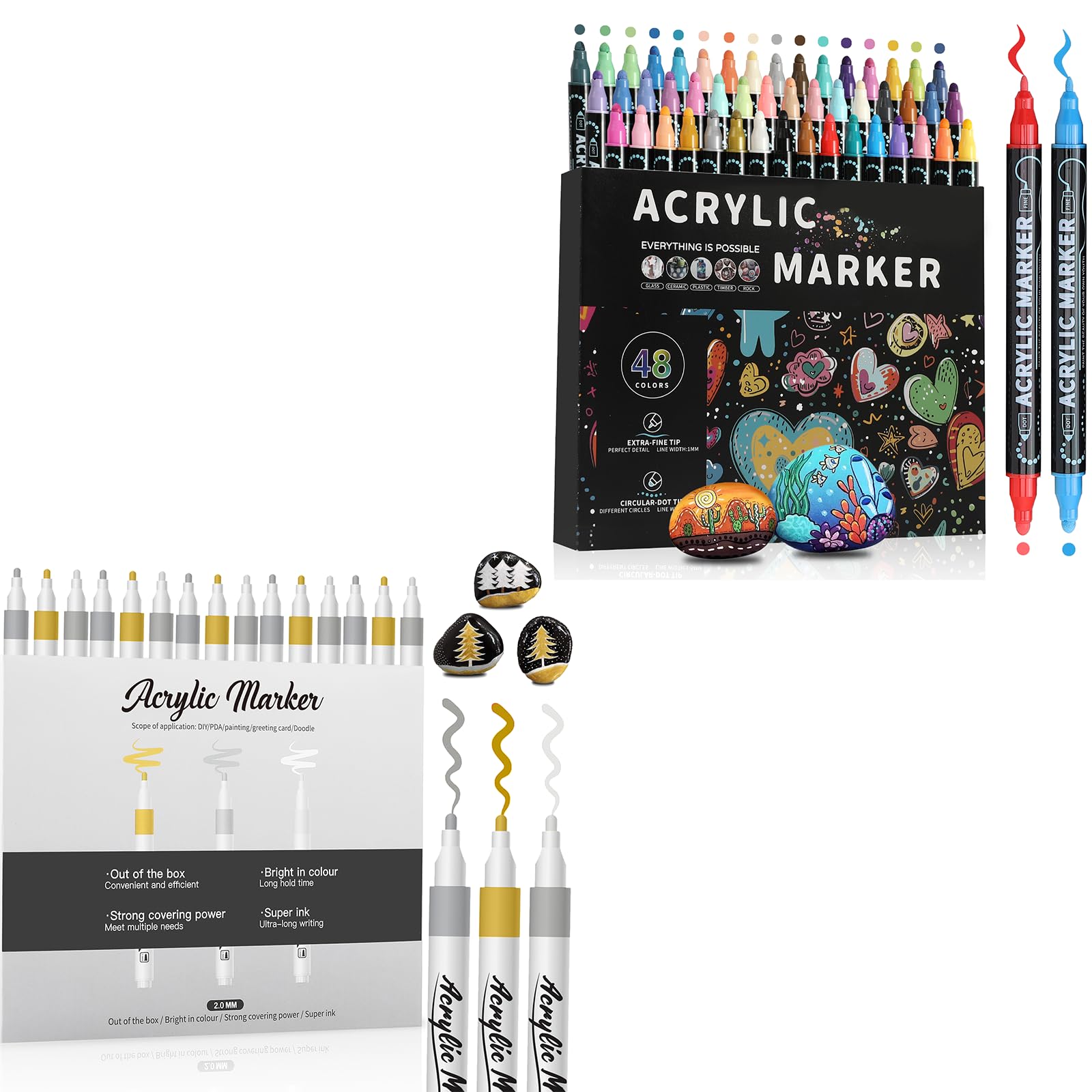 48 Colors Acrylic Markers, Double Tip Acrylic Paint Pens Markers,15 Pack Acrylic Markers, 2-3mm Medium Tip,