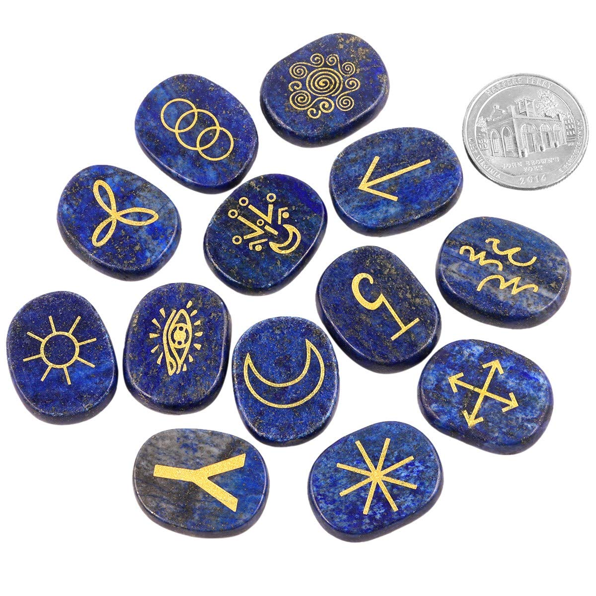mookaitedecor Lapis Lazuli Naturelle Pierre Gravée avec Symbole de Gitan,Protection Pierres Runes pour Divination Reiki Guérison Méditation Voyance,Lot de 13