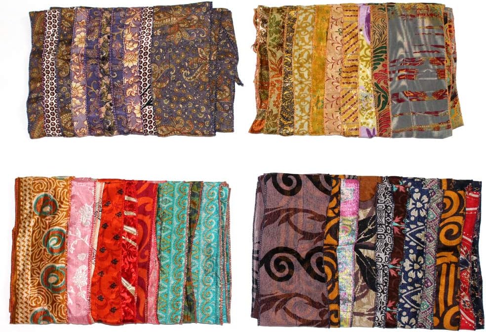 MangoGifts Set of 5 Handmade Boho Silk Sari Scarves - Mixed Color Vintage Fabric Neck Wraps, Headscarves for Women