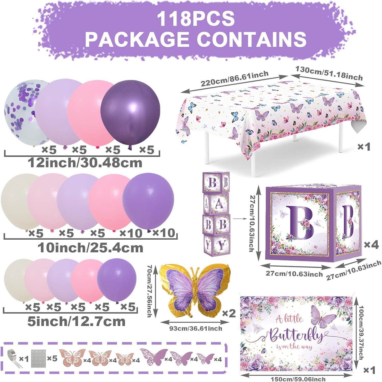 Butterfly Baby Shower Decorations for Girl Pink and Purple Balloon Arch Kit with Baby Boxes A Little Butterfly Is On The Way Backdrop Tablecloth for Girl Birthday Baby Shower Decor 118 Pcs