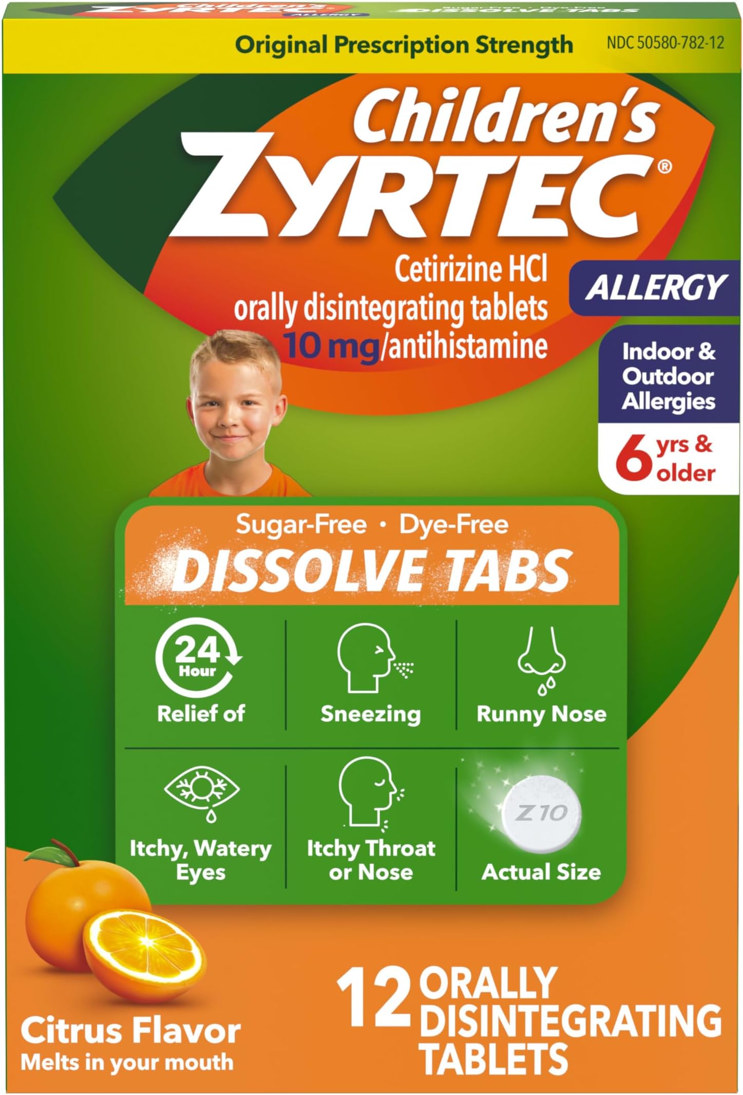 Children's 24 Hour Dissolving Allergy Relief Tablets with 10 mg Cetirizine Hydrochloride Antihista-Mine, Dissolvable Allergy Medicine for Kids Ages 6 Years+, Citrus Flavor, 12 ct