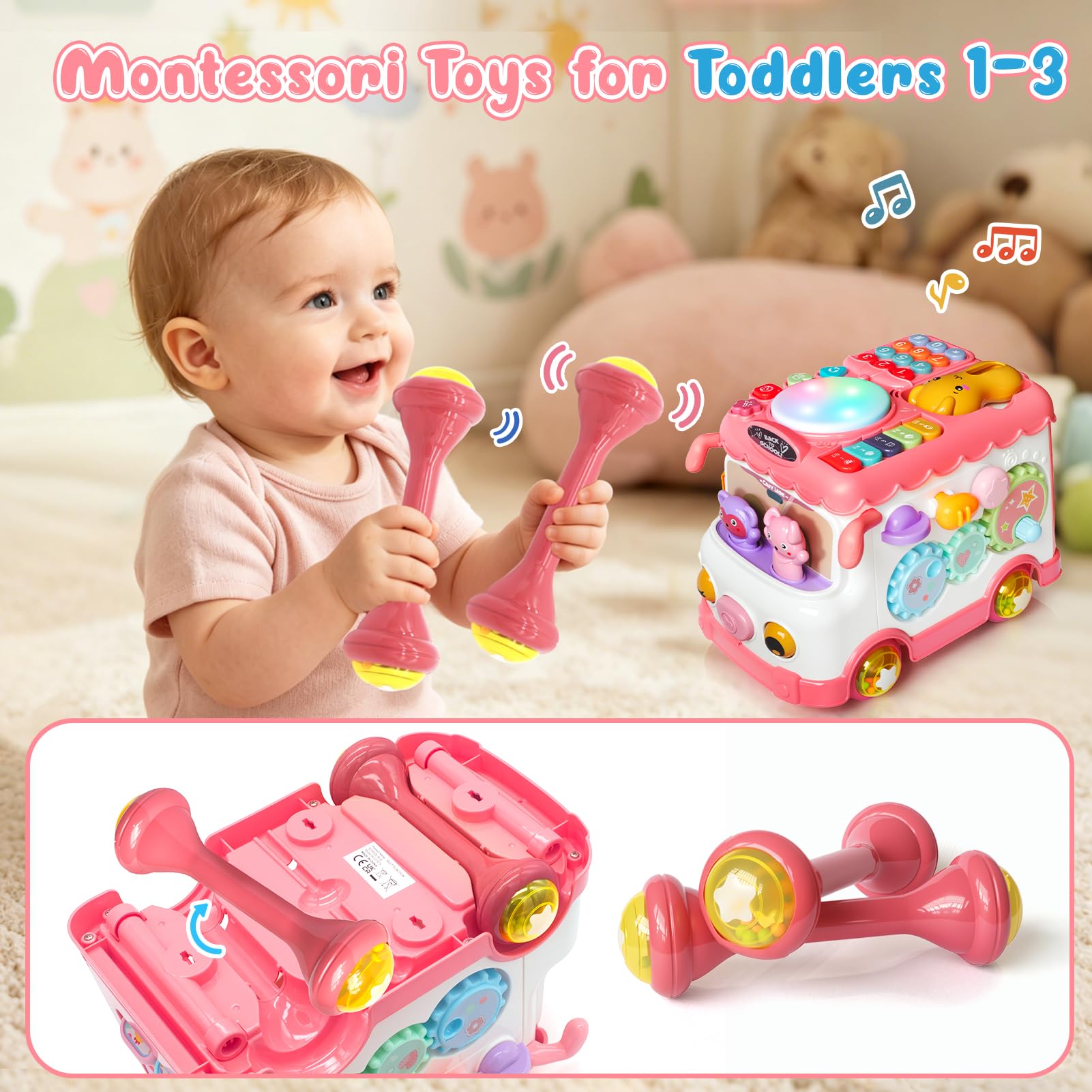 Naxudcoo Baby Spielzeug ab 1 Jahr, Baby Montessori Spielzeug ab 1 Jahr, Intellektuelles Bus Lernspielzeug mit Licht & Musik ab 12 Monate, Kinderspielzeug ab 1 2 3 Jahre Mädchen Junge Geschenk