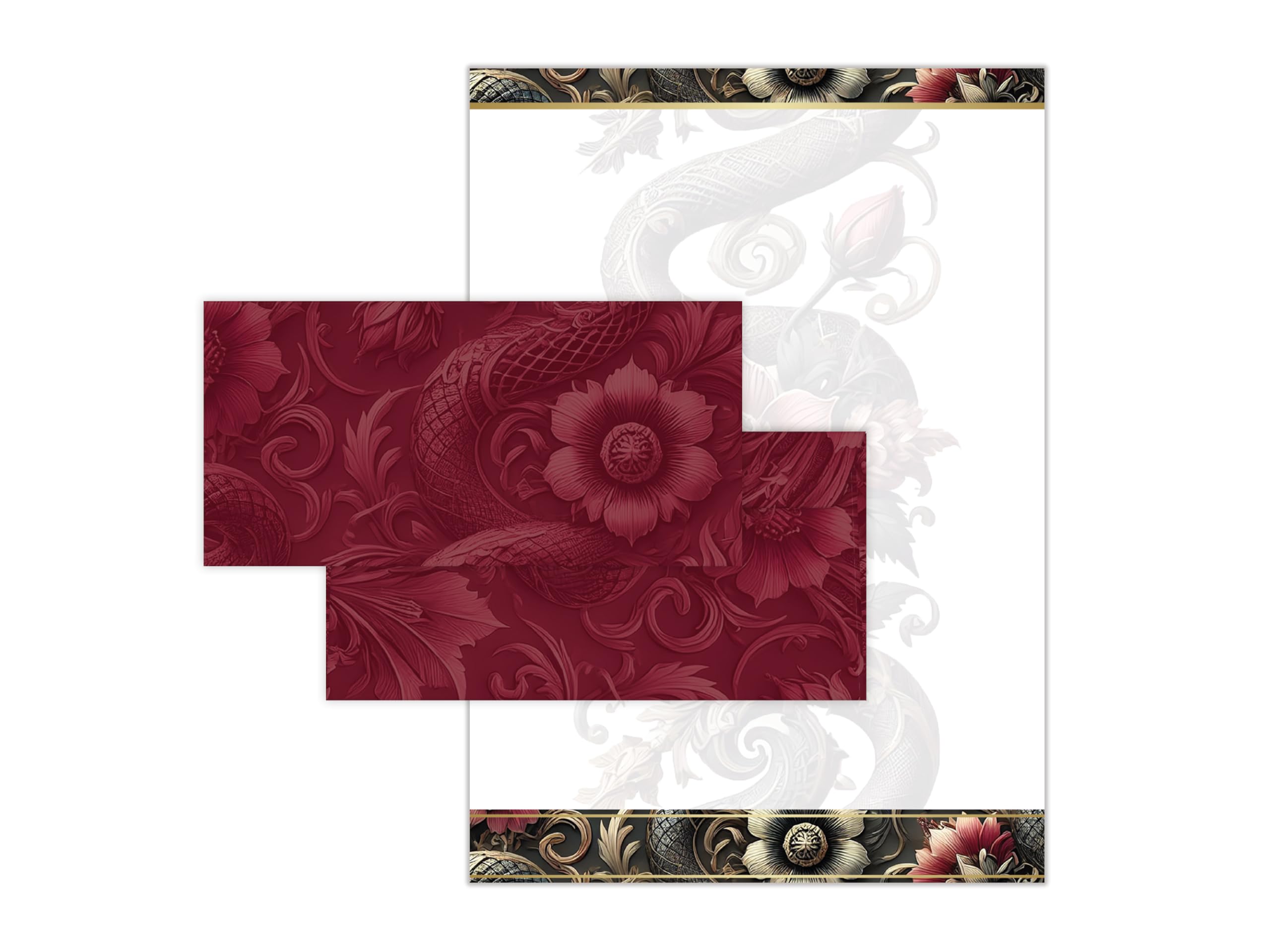 Briefpapier-Set 250 Briefbögen DIN A4 + 250 Kuverts DIN-lang ohne Fenster haftklebend - Papier beidseitig bedruckbar Geburtstag Jubiläum Hochzeit Menükarte Geschenk - Chinesischer Drache & Blume