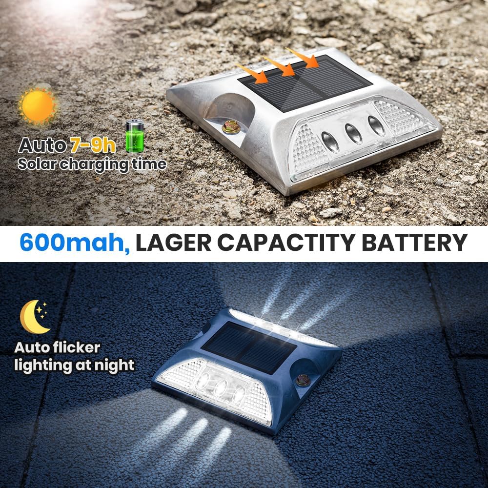 Solar Raised Pavement Marker High Brightness IP68 Waterproof Solar Powered Reflector Road Solar Blinker Light for Anti-diecast Aluminum Protruding Signs Warning 8PCS (White)