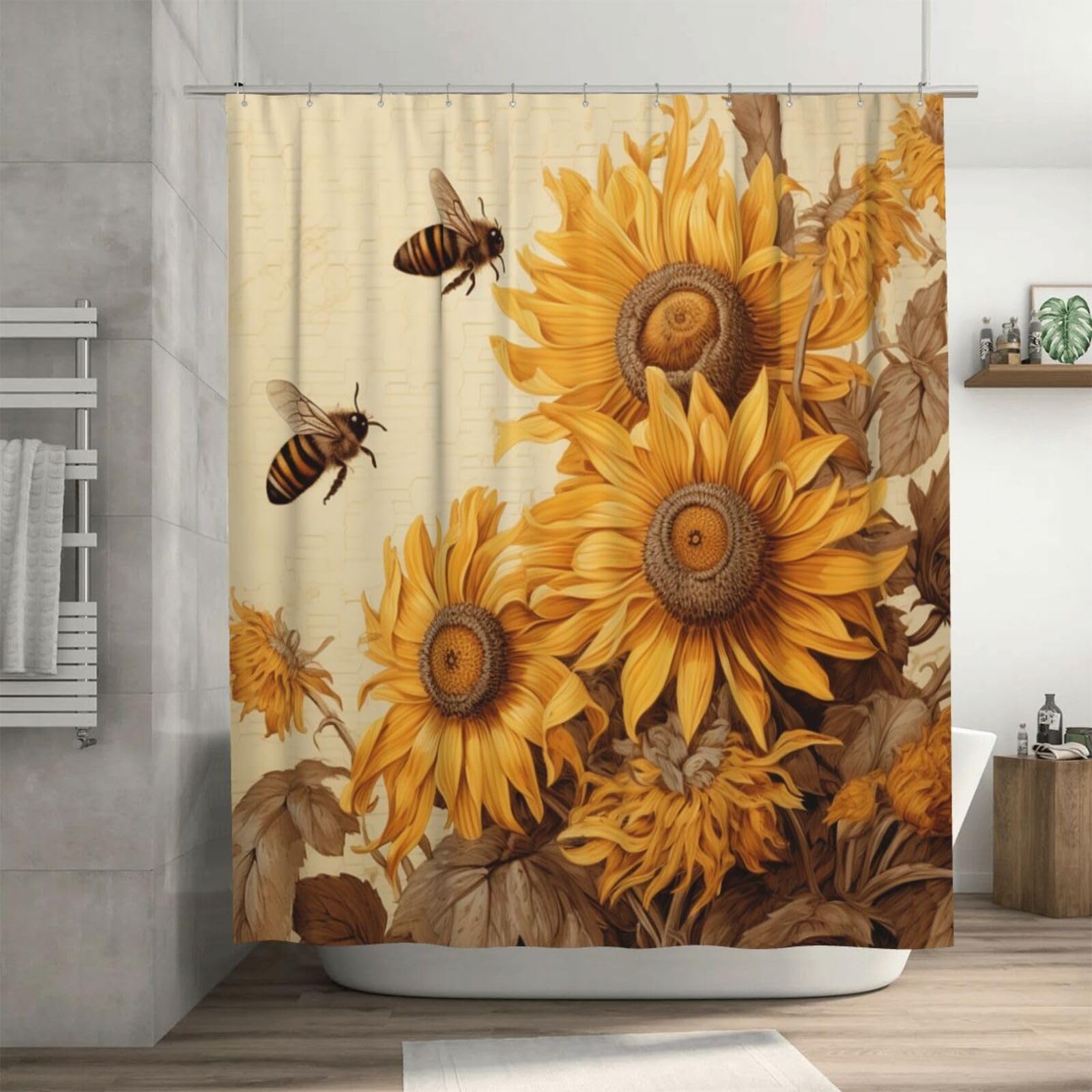 Rideau de douche abeilles et tournesols pour une décoration de bain nature
