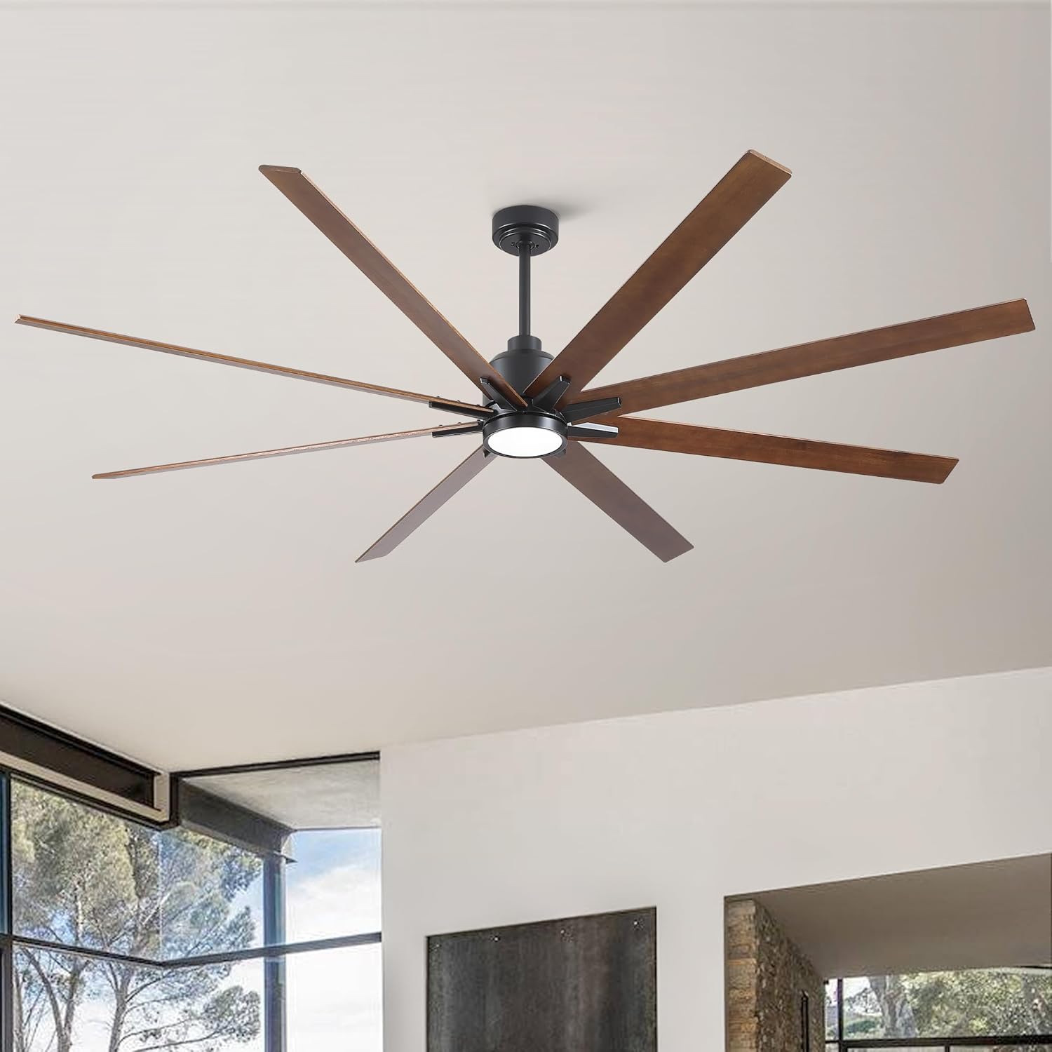 84" Black Low Profile Ceiling Fan with Light, Large Room, 6 Speeds, Remote Control, High Airflow, 100 sq.m Coverage