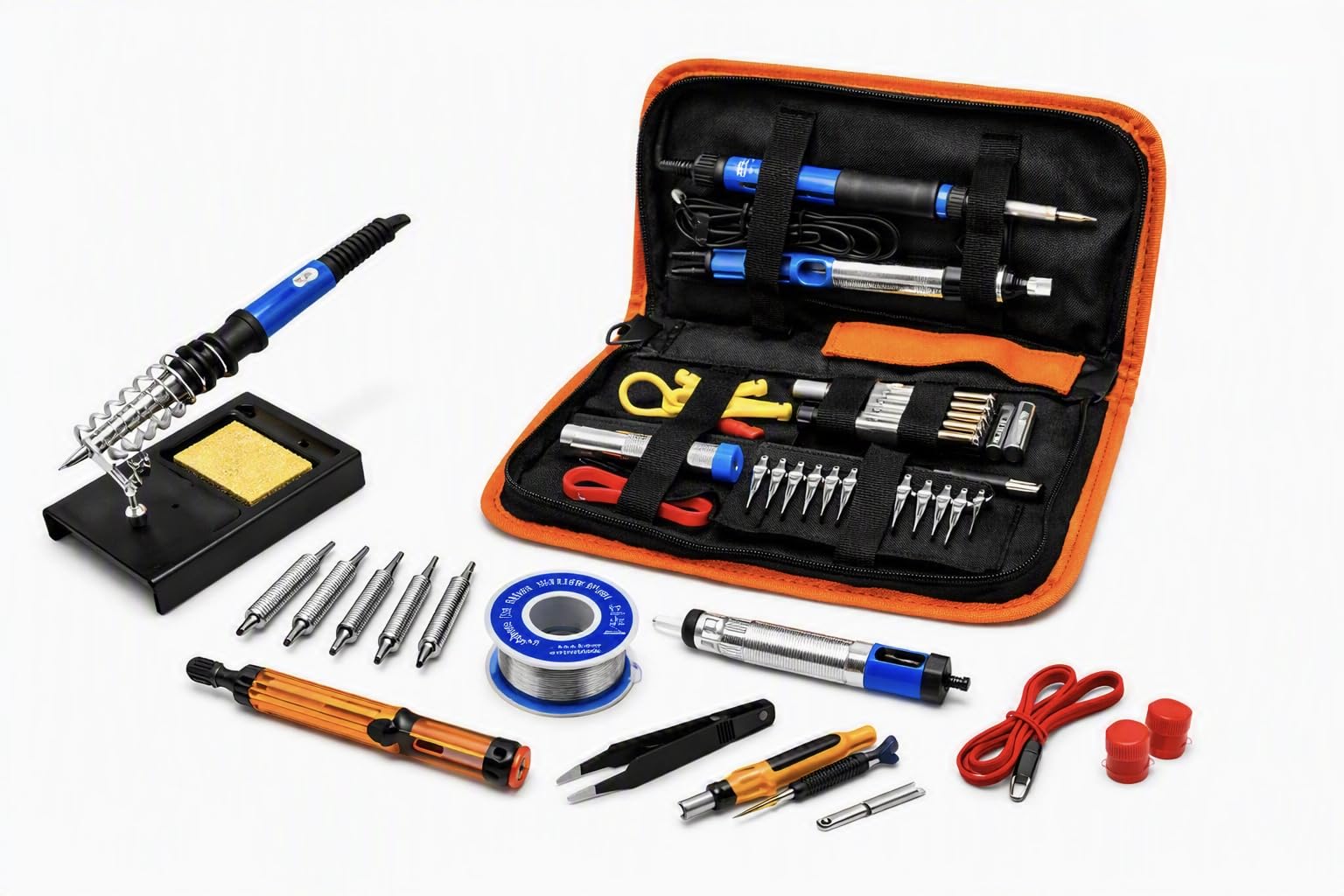 Soldering Iron Kit, Soldering Kit with LCD Digital Multimeter, 60W Soldering Iron with 5 Extra Tips, Stand, Desoldering Pump, Solder, Wire Stripper Cutter, Tweezers, Tape, Tool Bag
