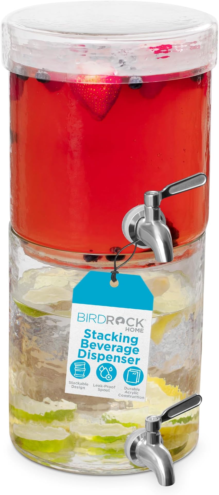 BIRDROCK HOME Stacking Beverage Dispenser with Stainless Steel Spigot and Lid | Hammered Glass Drink Jar for Iced Beverages, Water, Lemonade, Sangria, Tea | Ideal Party Pitcher Container - 2 Gallon