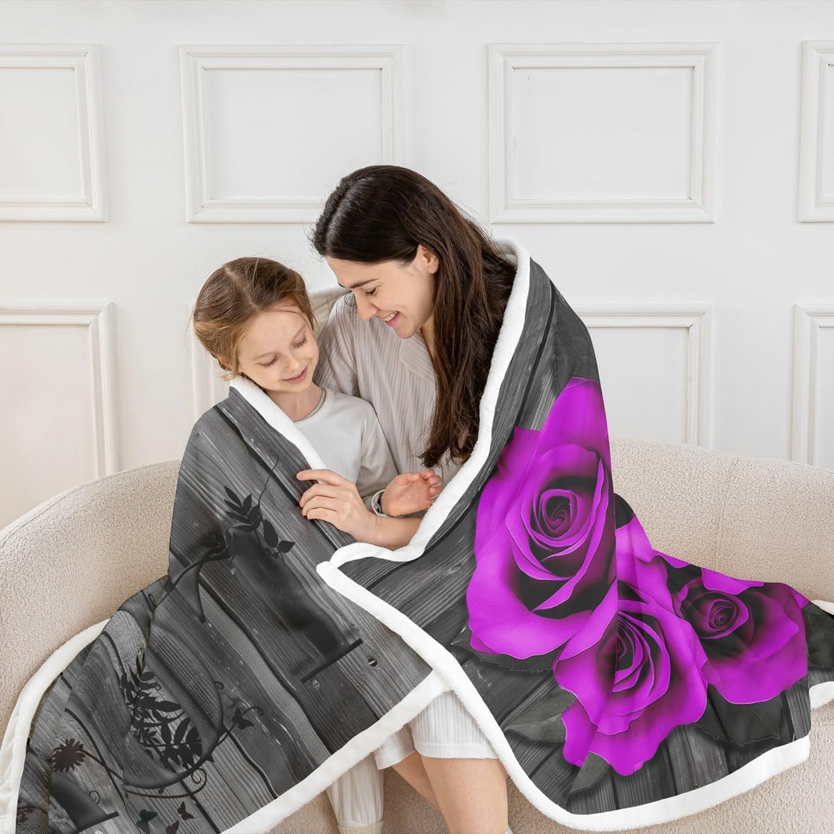 Erosebridal Purple Rose Sherpa Blanket Twin 60"X80" Purple Black Romantic Floral Throw Blanket for Girls Women Valentine's Day Blossom Flower Fleece Blanket Retro Rustic Farmhouse Rose Fuzzy Blanket