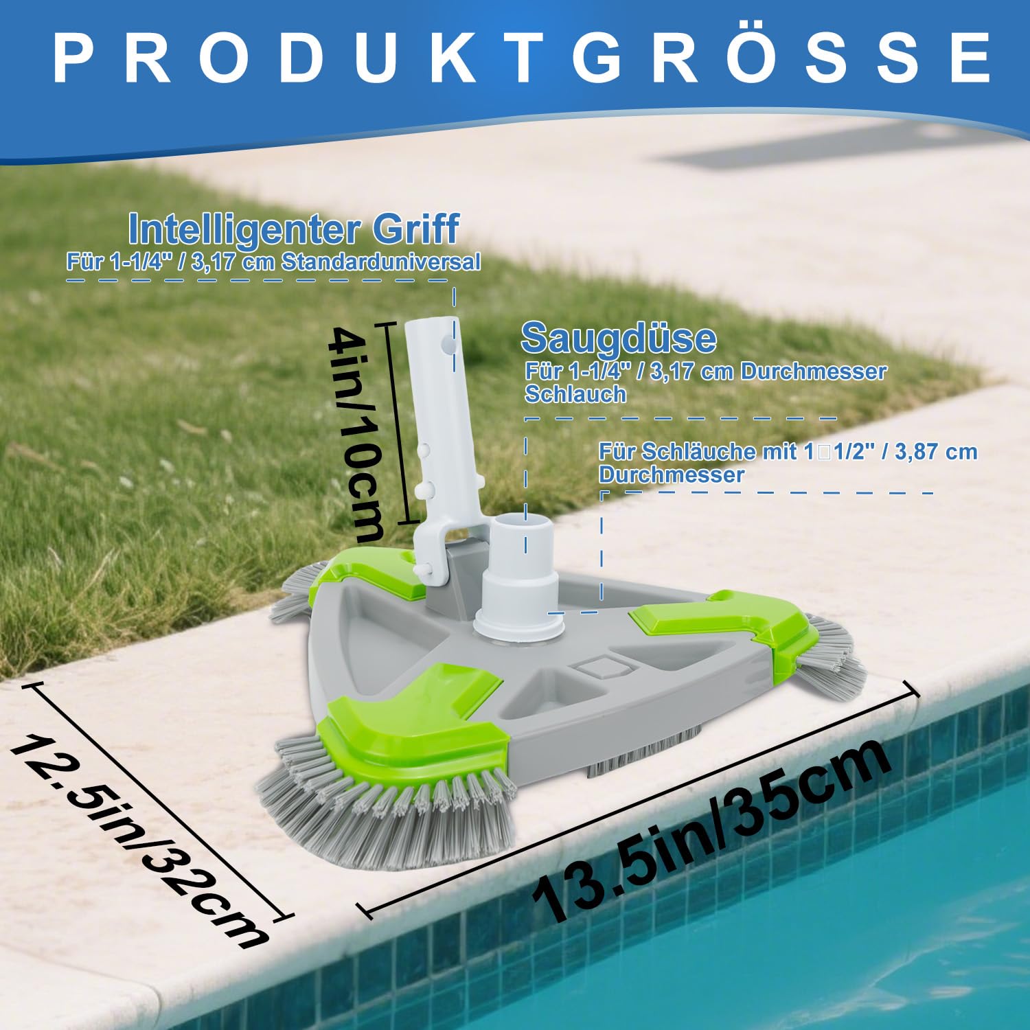 Poolbürste mit Sauganschluss 35cm Dreieck, Pool Bodensaugerbürste mit Seitenbürsten, Poolsauger Bürste für 32/38mm Schlauch, Poolreiniger für Aufstellpool & Einbaupool