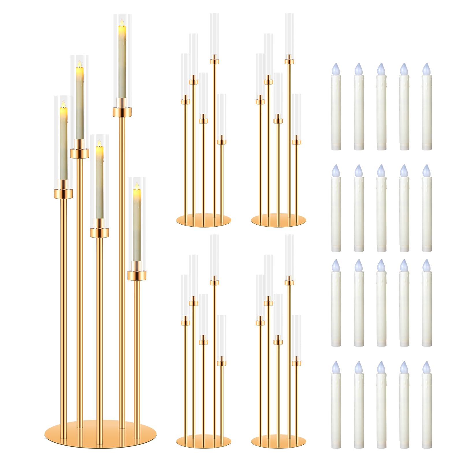4 Sets 5 Arm Gold Candle Holder with Candles, MSDADA 105 CM Tall Candelabra Centerpieces for Tables Gold Candlesticks Holder for Housewarming Gift Fireplace Dinner Halloween Christmas Wedding Decor