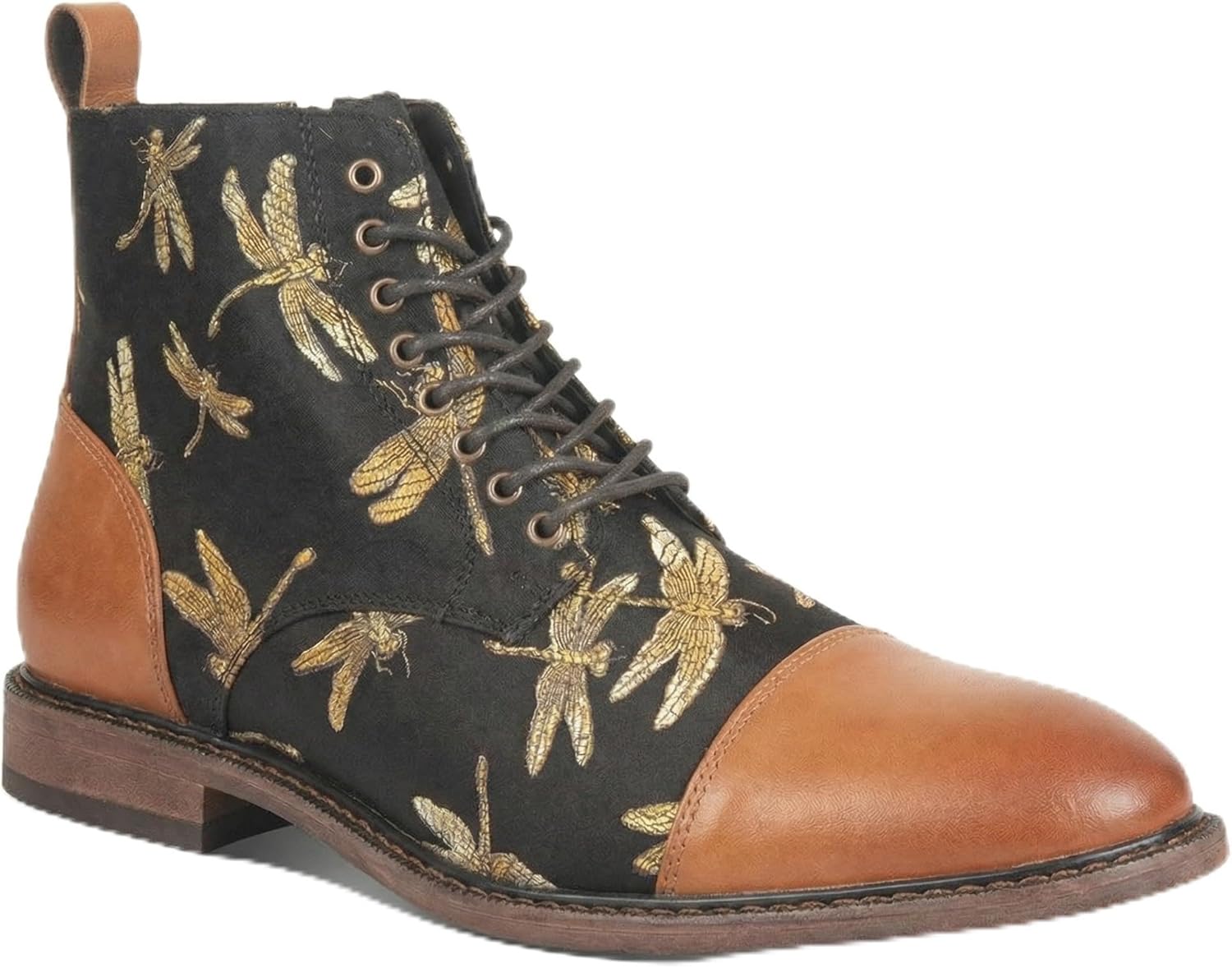 Men’s Lace-Up Dress Boot with Cap Toe, Dragonfly Print Textile Upper, Vintage Ankle Style, Cushioned Insole, Low Heel for Office, Travel, Nights Out