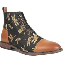 Mens Lace-Up Dress Boot with Cap Toe, Dragonfly Print Textile Upper, Vintage Ankle Style, Cushioned Insole, Low Heel for Office, Travel, Nights Out