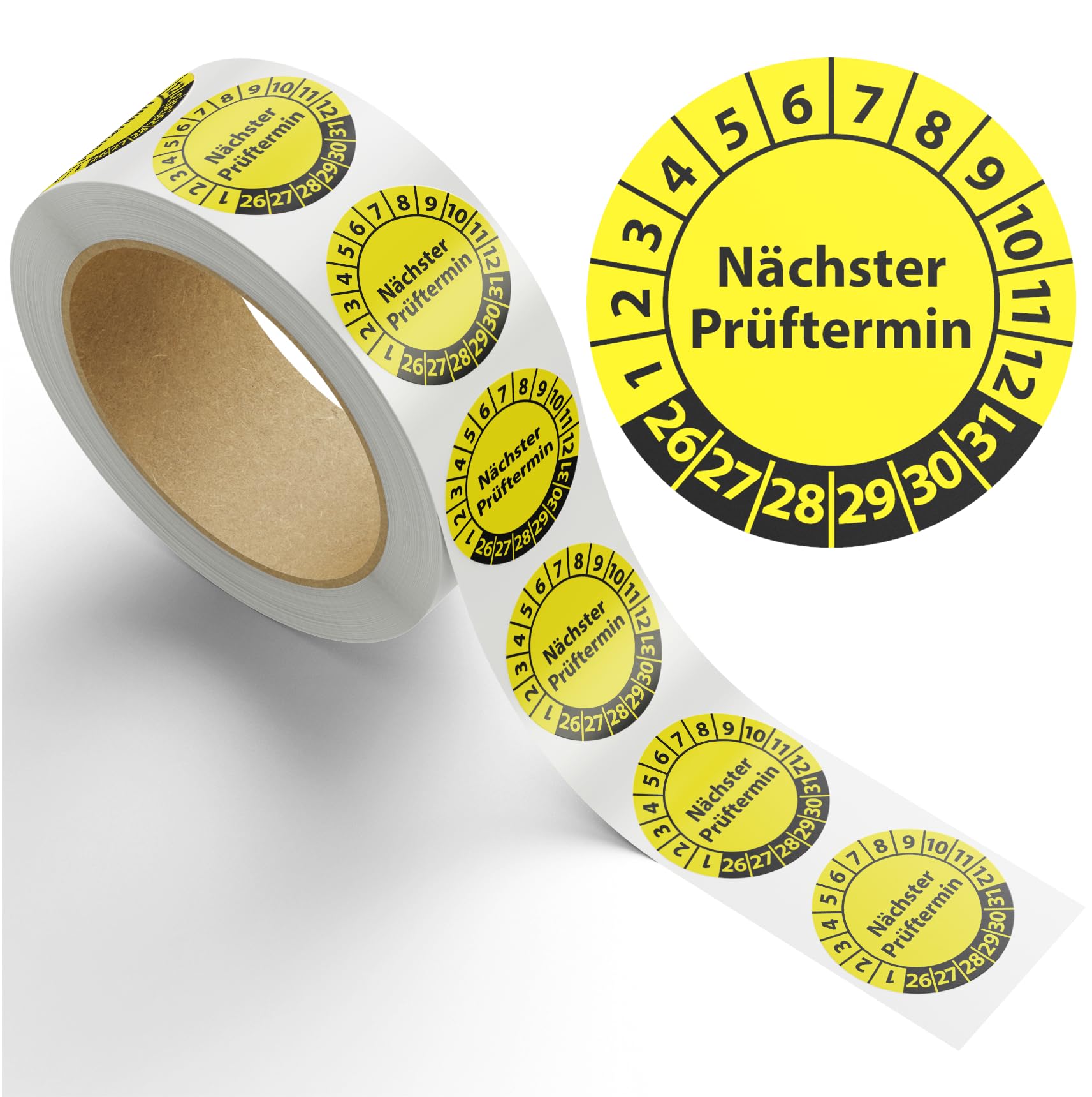 Prüfplakette Nächster Prüftermin auf Rolle, 1000 Stück, Vinylfolie, selbstklebend, Prüfaufkleber, Prüfetikett, Plakette (30 mm Ø)