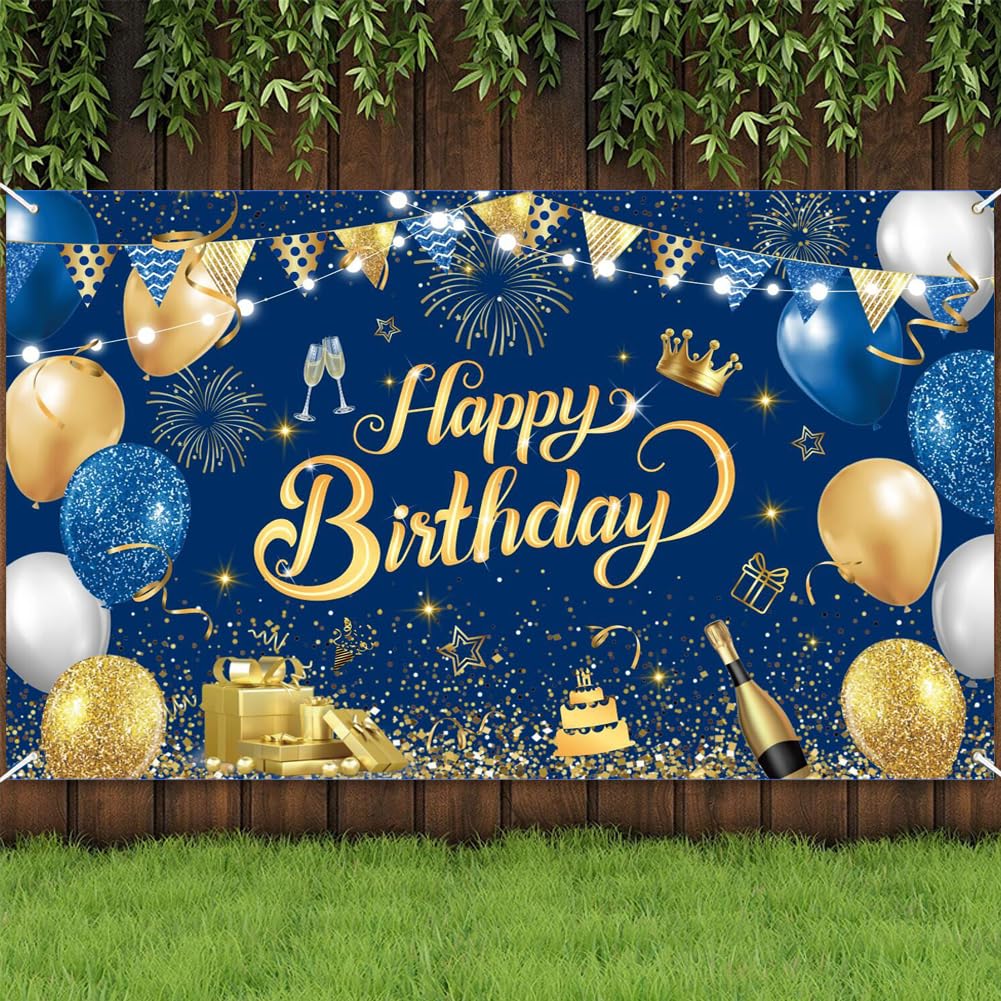 Blue Gold Happy Birthday Party Backdrops Cloth 180 x 120 cm Happy Birthday Banner Happy Birthday Decorations Backdrop Birthday Photo Backdrop Backgroud for Boys Men : Toys & Games