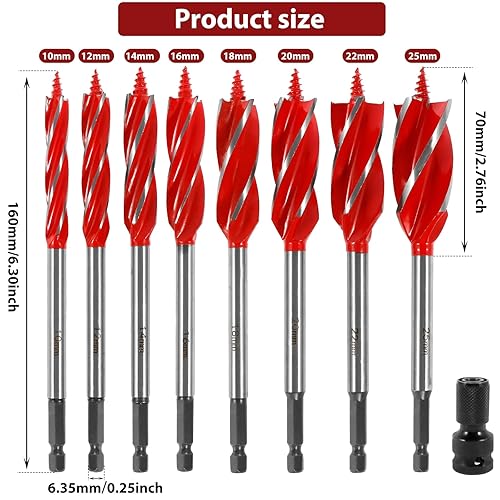 Miniatura 6 de Juego de 8 brocas para madera, acero de alto carbono, 101214161820220.984 in, vástago hexagonal de 14 pulgadas, espiral de 4 flautas, punta