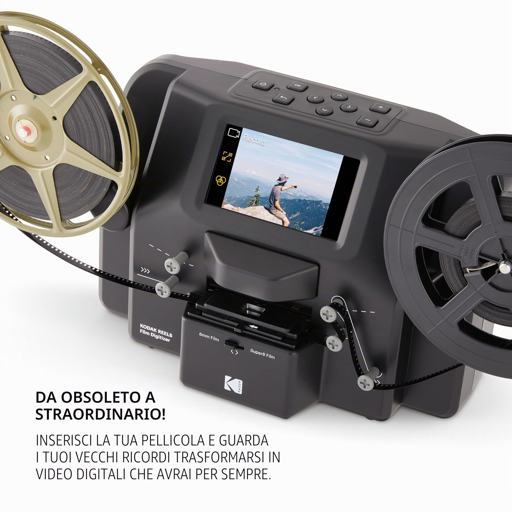 KODAK REELS Convertitore digitalizzatore di filmati da 8 mm e Super 8 con schermo grande da 5", lo scanner Converte il filmato fotogramma in fotogramma in file digitali MP4 per la visualizzazione