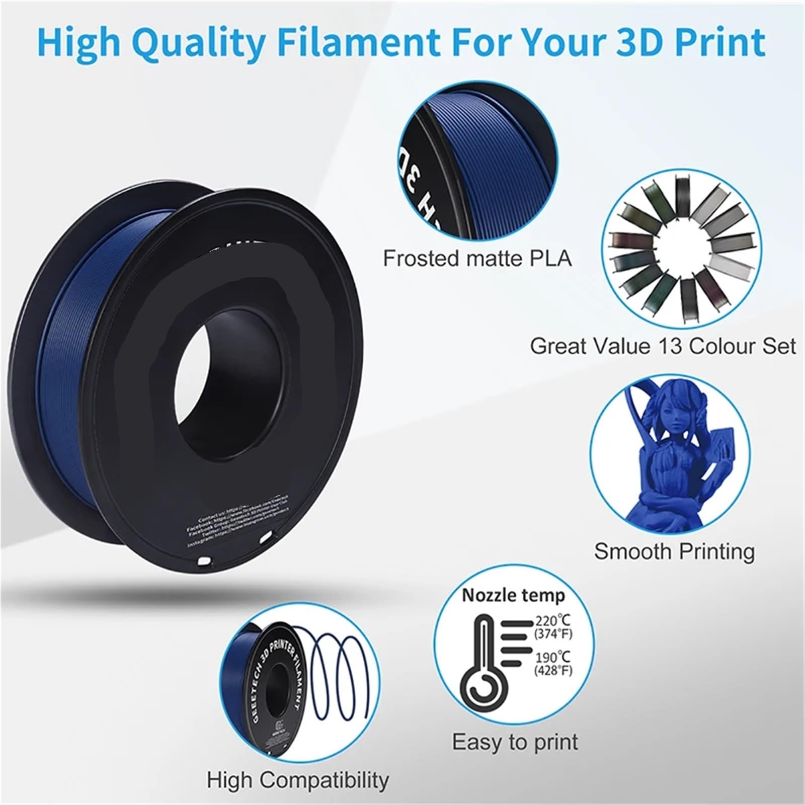 Filament pour Imprimante 3D Filament mat PLA 1,75 mm, bobine de kg (2,2 lb), matériau d'imprimante 3D, acide polylactique, texture givrée(Matte Blue)