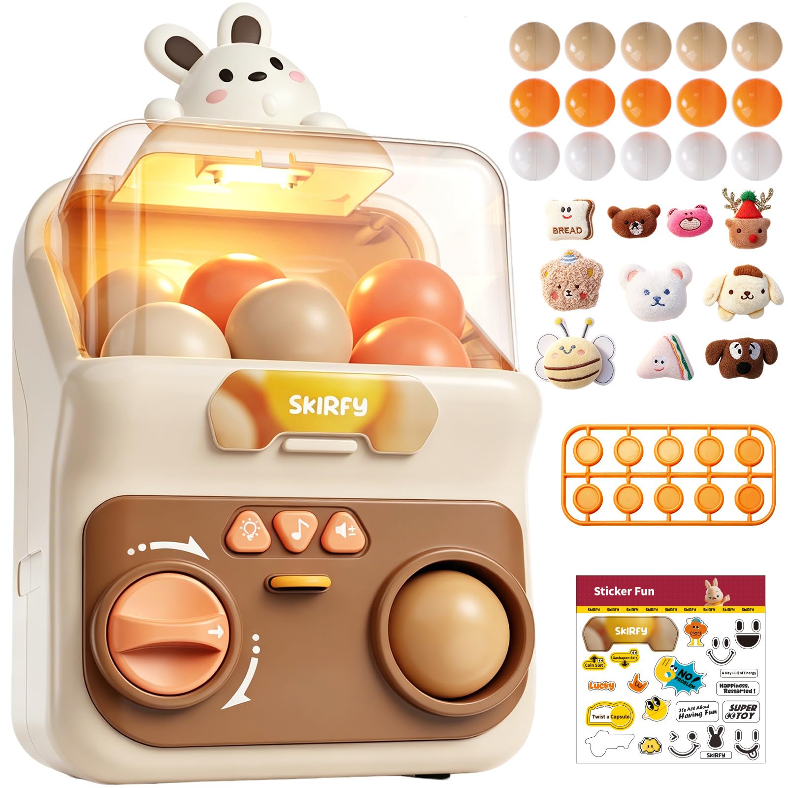 Skirfy Giocattolo automatico con palline da masticare per bambini, 15 capsule da 5 cm di diametro, distributore automatico illuminato, con prezzi, giocattolo sensoriale con bambole come regalo
