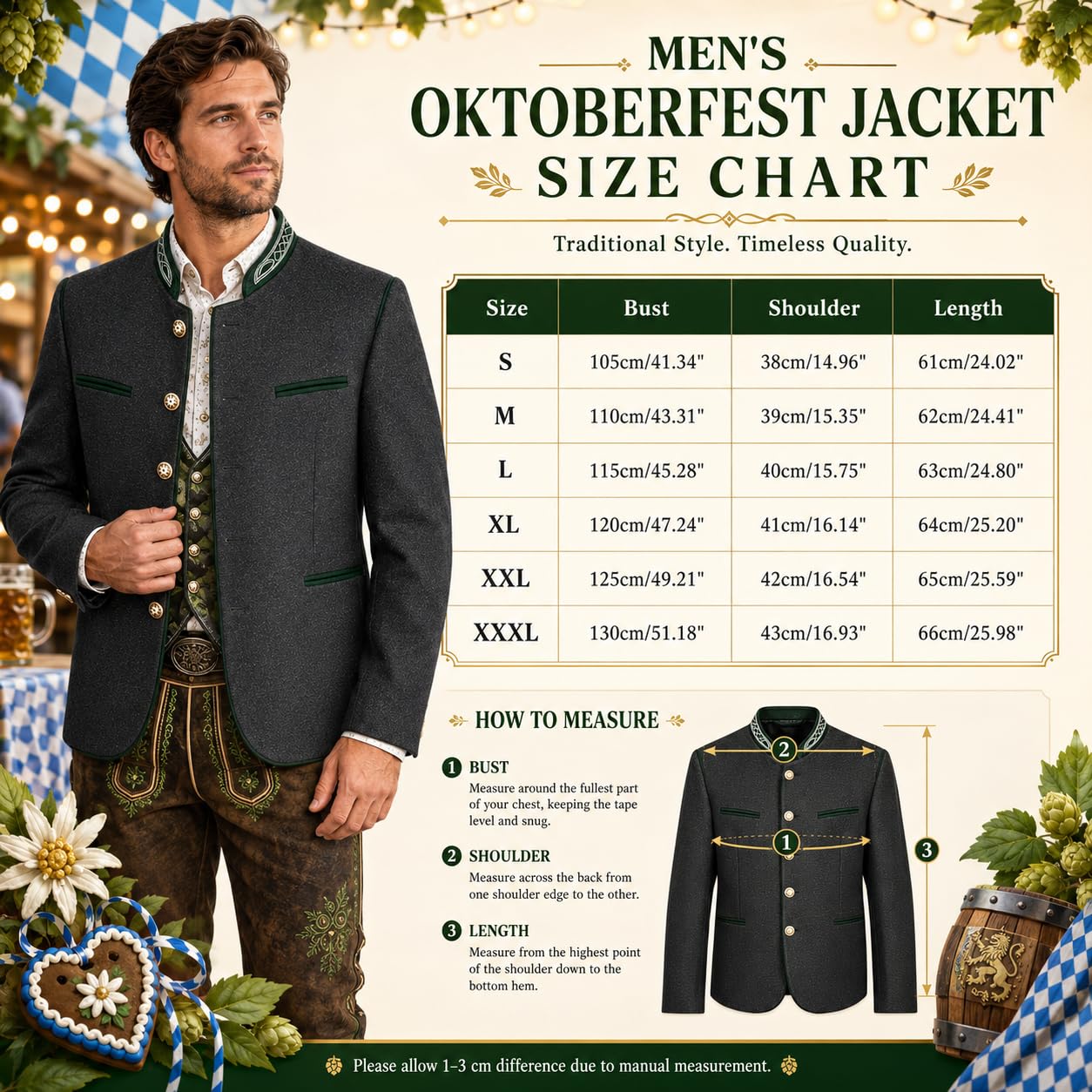 Trachtenjacke Herren Traditioneller Trachtenjanker mit Knopfleiste, Strickjacke Herren, Oktoberfest Outfit, Lederhosen Jacke, Trachtenweste, Trachtenmode für Männer, Schwarz, S-3XL