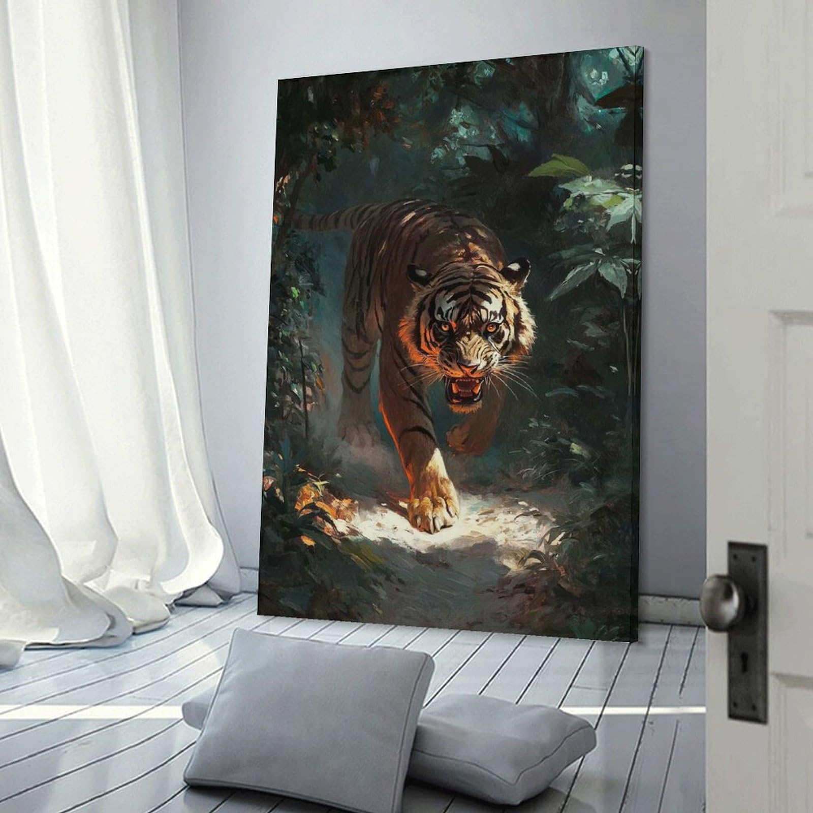 Junmoney Frame-Style-11 Tiger In The Jungle Wall Picture Print, 20X30inch(50X75cm), For New Homes, Bedrooms Or Workspaces, Thoughtful Wall Decor For Art Lovers