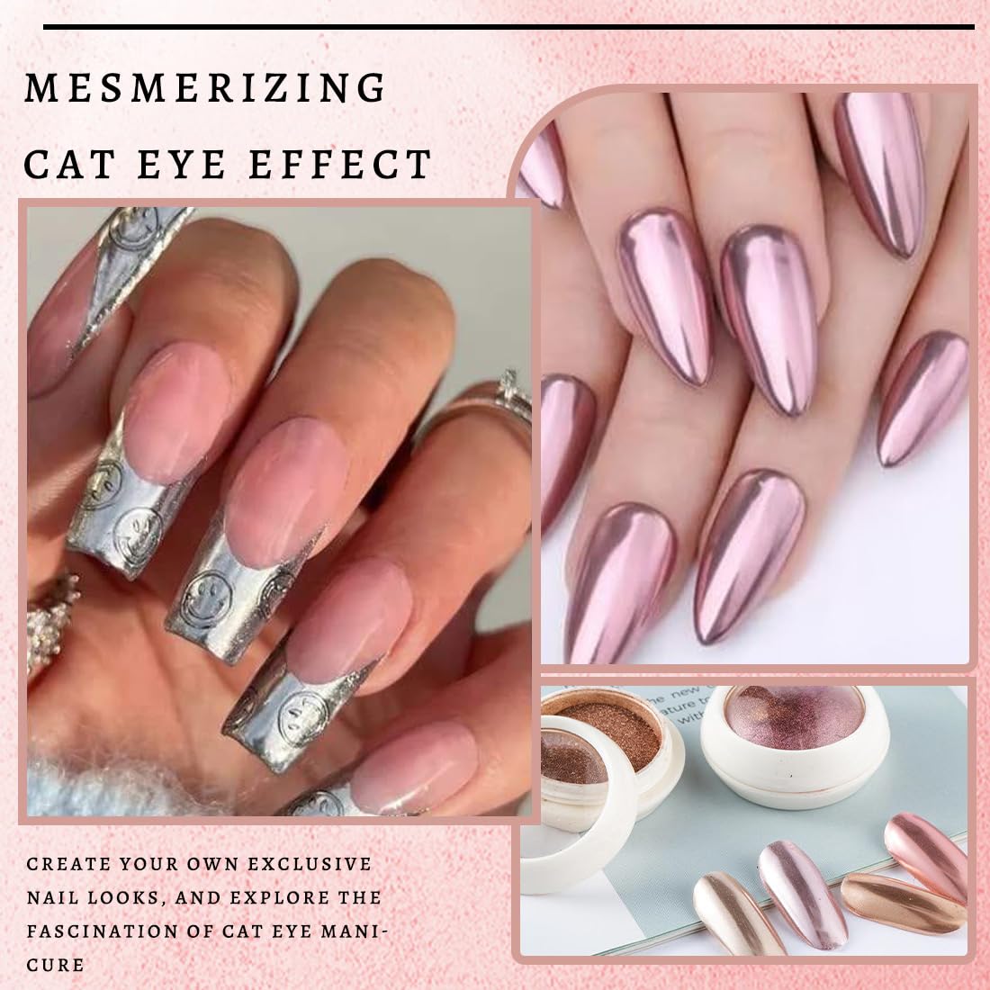 6 Pcs Polvere per Unghie Cromate in Oro Rosa, Set Pigmenti Metallici Unghie con Effetto Specchio Magico per la Decorazione Nail Art