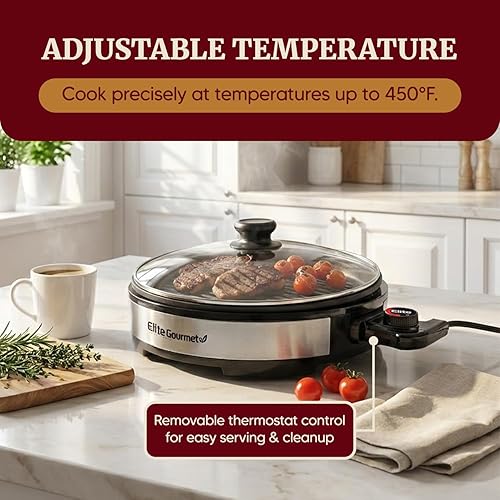 Vista 6 de Elite Gourmet EMG6505G - Parrilla eléctrica para barbacoa de interior sin humo de 12 pulgadas con tapa de vidrio, apta para lavavajillas