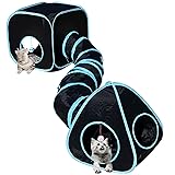 Cat Tunnels for Indoor Cats with Cube Tent Toys Combo, Pop Up Collapsible Crinkle Interactive Peek Hole, Cat Tube with Play Ball and Bell for Kitten, Puppy, Kitty, Rabbit - Set of 3 A-Black
