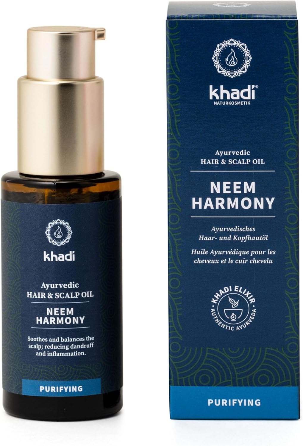 khadi NEEM HARMONY Ayurvedische Haarolie, Actief tegen roos & jeuk, Neem tegen droge hoofdhuid, 100% natuurlijk, plantaardig & veganistisch, siliconenvrij & parabeenvrij, natuurlijke cosmetica, 50ml