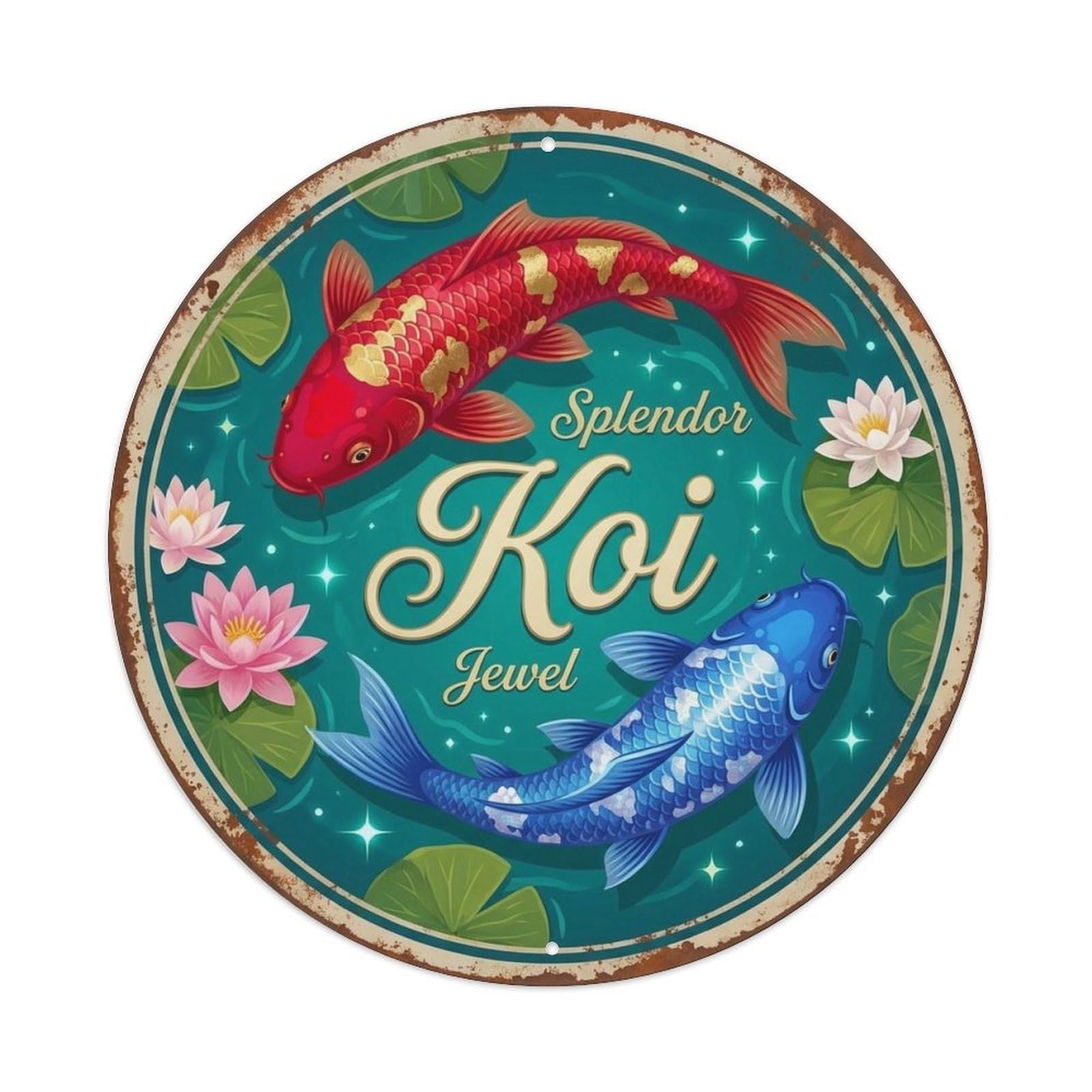 Koi Carp Emblem Jewel Good Luck Motif Classic Metal Tin Sign Plaque Wall Decor for Cafe, Man Cave, Club Bar, Office, Home Garden Round Metal Poster 8x8Inch