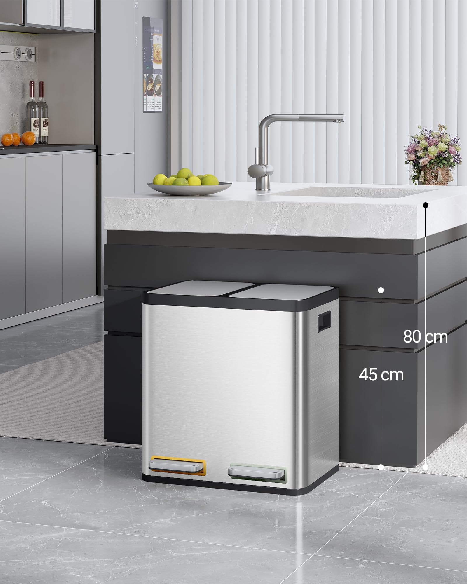Hzuaneri Basura Cocina con Pedal, Metal 30L(2 x 15L), Cubos de Basura de Reciclaje, Plateado SW21599E