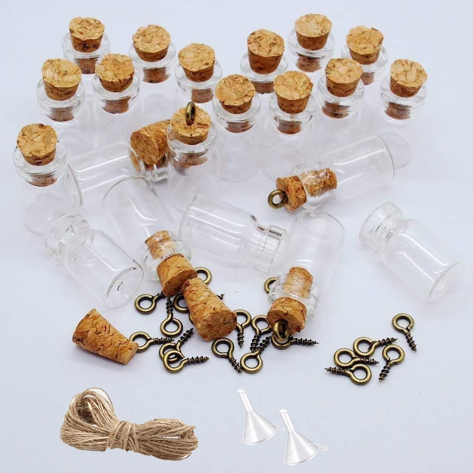 Sxminer - 120 botellas pequeñas de vidrio de 0.0 fl oz con tapones de corcho, pequeños frascos de vidrio de corcho con 65.6 ft, cordeles, tornillos de ojo, embudo pequeño para decoración, 9