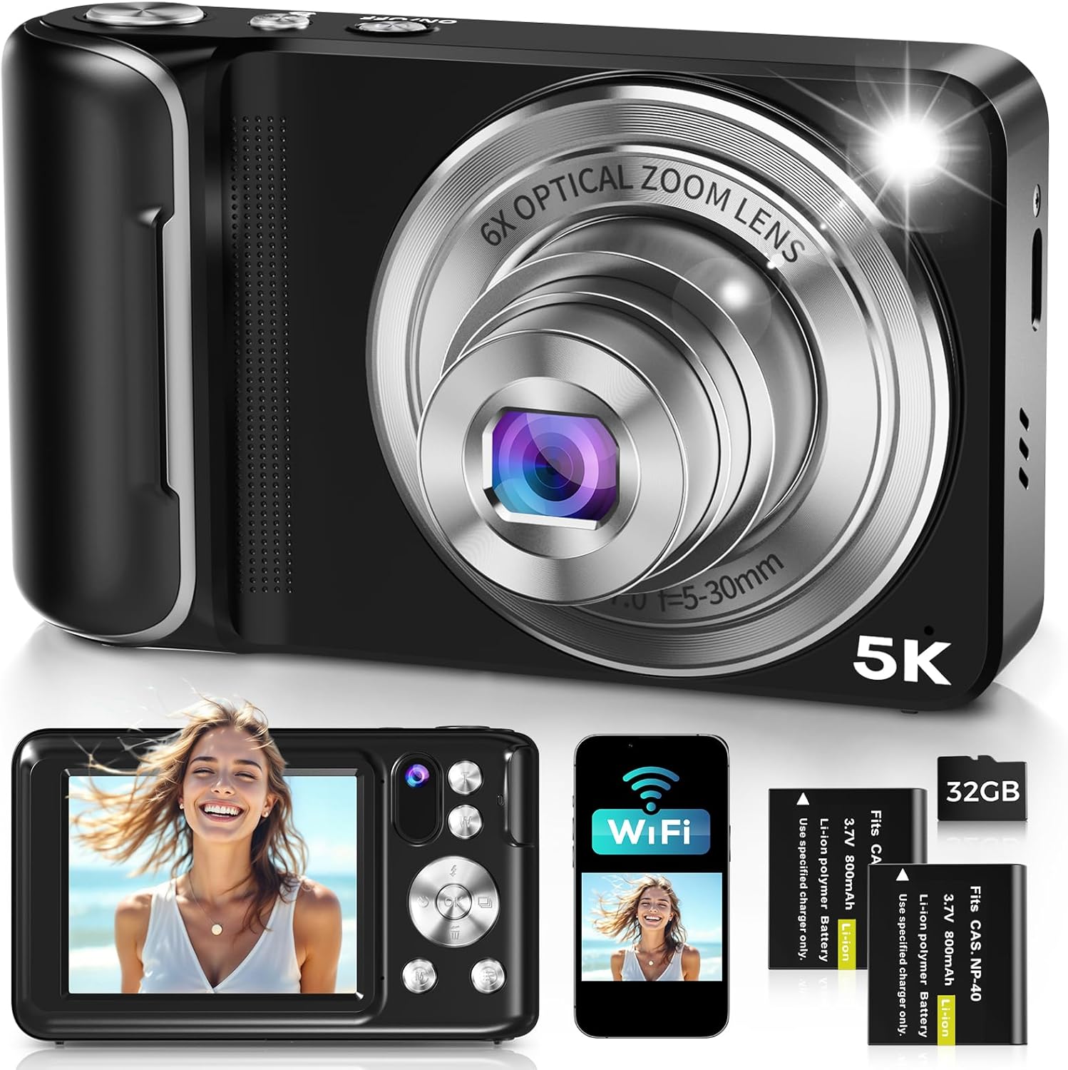 5K Digital Camera for Photography, WiFi 64MP Autofocus Dual Lens Vlogging Camera with Touch Screen, 6X Optical Zoom Compact Point and Shoot Cameras for YouTube, 32GB Card,2 Batteries,Black