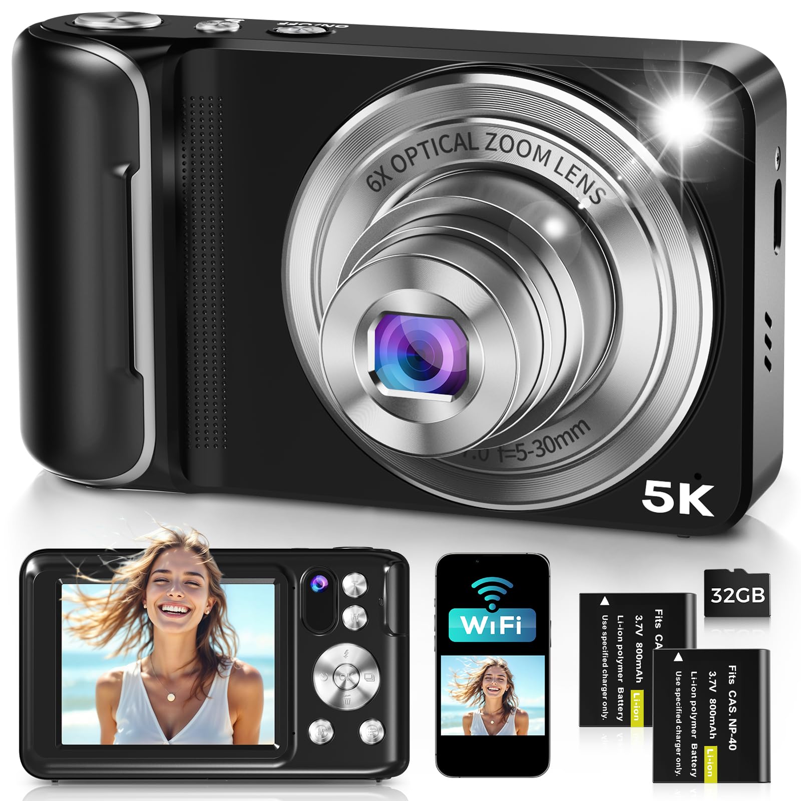 5K Digital Camera for Photography, WiFi 64MP Autofocus Dual Lens