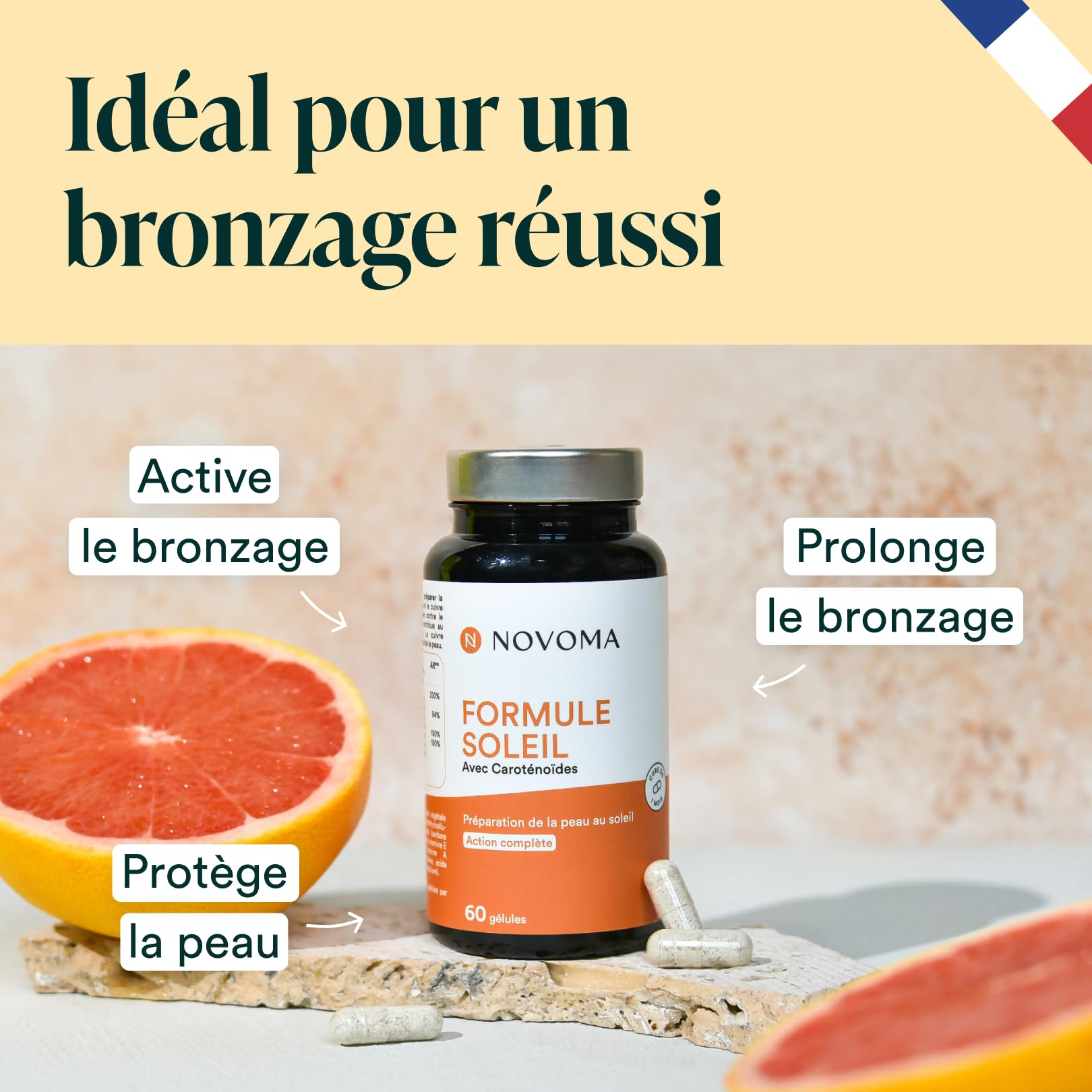 NOVOMA Formule Soleil, Activateur et Accélérateur de Bronzage, 7 Actifs Naturels dont Bêta-Carotène, Bardane et Cuivre, Préparation et Protection de la Peau, 60 Gélules, Fabriqué en France