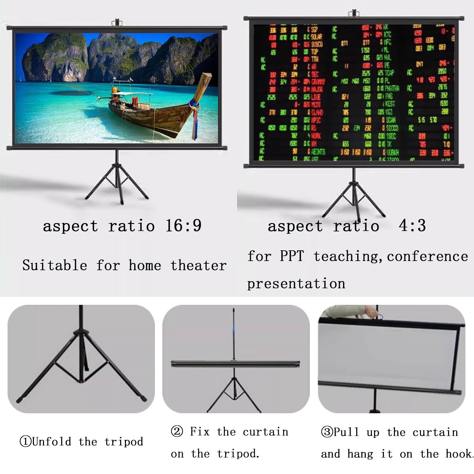 Tripod Screen 60 Pollici 72 Pollici Schermo Proiettore con Supporto, Treppiede Regolazione Altezza, Schermo del Proiettore con Supporto, Telo per Videoproiettore(16:9,60in)